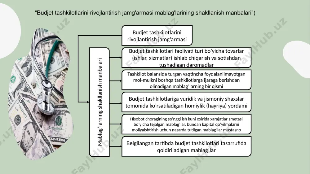 ; -maktab-internatlar va litseylarda bolalarning ta’minoti uchun ota-onalardan tushumlar; -vazirlik va idoralaming ajratmalar hisobiga shakllanadigan budjetdan tashqari jamg'armalari; -ta ’lim muassasalarida o'qishdan tushadigan mablag'lar; -umum ta’lim muassasalarida darsliklar ijarasi to'lovidan tushgan budjetdan tashqari mablag'lar; -kapital qo'yilma mablag'lari bo'yicha depozitlar; budjet tashkilotlarining davlat budjetining g'azna ijrosi bilan qamrab olingan budjetdan tashqari mablag'lari quyidagilardan iborat: (3) -turg'un davolash-profilaktika muassasalarida davolanayotgan bemorlardan ovqatlanish uchun undiriladigan to'lovlar; -taqsimlanishi nazarda tutilgan tushumlar; -boshqa mablag'lar bo'yicha depozitlar; -boshqa ta’lim muassasalarida bolalar ta’minoti uchun ota-onalar to'lovi; -budjet tashkilotlarining boshqa budjetdan tashqari mablag'lari. budjet tashkilotlarini rivojlantirish jamg'armasi mablag'lari hisobi tegishli moliya organlari tomonidan o'zbekiston respublikasi davlat budjetining mablag'lar manbasi va budjetlar darajasi tasnifiga (adliya vazirligida 2010-yil, 11-oktabrda 2146-son bilan ro'yxatga olingan o'zbekiston respublikasi budjet tasnifini qo'llash bo'yicha yo'riqnomaning 1-ilovasiga) muvofiq ochiladigan 4001 - mablag' manbali shaxsiy g'azna hisobvaraqlarida yuritiladi. xodimlardan, ular ishlavotgan joyida ovqatlanganligi bo‘yicha hisob-kitoblardan tushadigan tushumlar bo'yicha shaxsiy g'azna hisobvaraqlari hisobi tegishli moliya organlari tomonidan o …