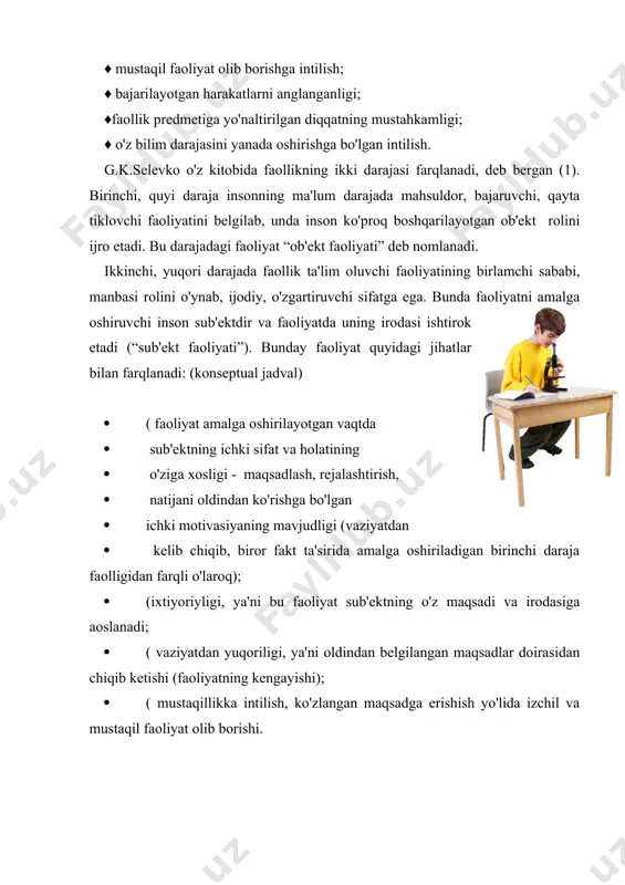 · o'z nuqtai nazarini isbotlash; · munozara va bahslarda ishtirok etish; · o'z guruhdoshlariga yoki o'qituvchiga savol berish; · boshqa talabalar javobiga taqriz berish; · boshqa talabalar javobini baholash; · o'zlashtirishi past bo'lgan guruhdoshlariga materialni tushuntirish, ularni o'qitish; · o'z kuchini inobatga olgan holda o'ziga mos vazifa tanlash; · bir masalaning bir necha echimlarini izlab topish; · o'z harakatlari natijasini tekshirish, ularni (harakatlarni) tahlil qilish; · o'zida oldindan shakllantirilgan bilim ko'nikmalarni majmuaviy qo'llab, ta'limiy vazifalarni echish. ms: yuqoridagi fikrlarda qaysi so'zga asosiy urg'u berilgan? ms: sizningcha, an'anaviy usullar, an'anaviy ta'lim shakllari talabalar faolligini etarli darajada ta'minlay oladimi? m.v.bulankova-toporkova, a.v.duxavneva va boshq. faollikning 3 darajasini aniqlaydilar: · qayta tiklash faolligi ­ bilim oluvchining ma'lumotni tushunishi, eslab qolish va qayta tiklashga, namunada ko'rsatilgan harakatlarni o'zlashtirishga bo'lgan intilishi. · izohlash faolligi ­ bilim oluvchining o'zlashtirilayotgan axborotni tushunishga, boshqa ma'lumot va hodisalar bilan bog'liqliklarini aniqlash, o'zgartirilgan sharoitlarda olgan bilimlarni ishlatishga intilishi. · ijodiy faollik …