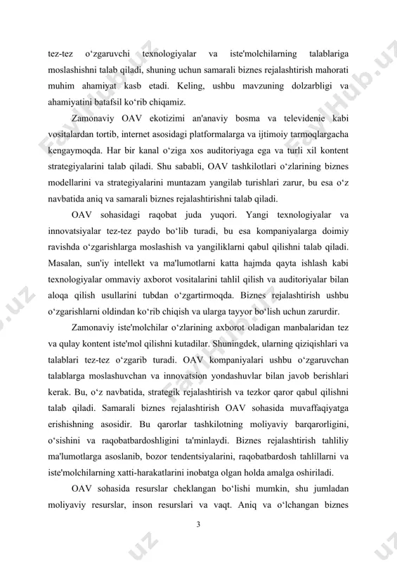 edia biznes-rejasida bozor tahliliga kirish bozor tahlili, har qanday biznes rejasining muhim qismi bo‘lib, kompaniyalarga o‘zlarining bozorlarini chuqurroq tushunishga va o‘z mahsulot yoki xizmatlarini qanday qilib eng samarali tarzda taklif qilish mumkinligini aniqlashga yordam beradi. bozor tahlili quyidagi asosiy elementlarni o‘z ichiga oladi: 1. bozor hajmi va o‘sish sur’ati: bu yordamida bizneslar o‘z faoliyatlarini yuritayotgan bozor qanchalik katta va u qanday sur'atlar bilan o‘sib borayotgani haqida ma'lumot olishadi. bu ma'lumotlar biznesning bozor ulushini va kelajakdagi o‘sish imkoniyatlarini baholash uchun zarurdir. 2. bozor segmentatsiyasi: bozor tahlilining asosiy qismi bo‘lib, iste'molchilarni ularning ehtiyojlariga, demografik xususiyatlariga, xarid qilish odatlariga va boshqa omillarga ko‘ra guruhlarga bo‘lishni o‘z ichiga oladi. bu yondashuv bizneslarga aniq auditoriyaga moslashuvchan va samarali marketing strategiyalari ishlab chiqishga imkon beradi. 3. raqobatchilar tahlili: kompaniyalar o‘zlarining asosiy raqobatchilarini aniqlashlari va ularning kuchli va zaif tomonlarini tahlil qilishlari kerak. bu yordamida ular o‘zlarining raqobat afzalliklarini aniqlay oladilar va bozorda o‘z o‘rinlarini mustahkamlash uchun …