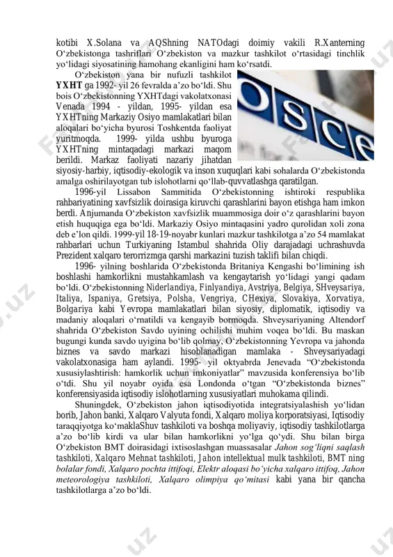 6+3 ga aylantirish tashabbusi bilan chiqdi. ushbu tashabbusi i. karimovning 2008-yil 3-4 aprel kunlari nato ning buxaristdagi samitida ilgari surildi. o‘zbekiston respublikasi nato ning kollektiv xavfsizlikni ta’minlashga qaratilgan “tinchlik yo‘lida hamkorlik” loyihasini 1994-yilning iyulida imzoladi hamda 1995- yilning iyul oyida ushbu dasturga qo‘shildi. 1995-2001-yillar mobaynida “tinchlik yo‘lida hamkorlik” dasturi doirasida o‘tkazilgan harbiy o‘quv mashqlarida o‘zbekiston qurolli kuchlari bo‘linmasining tinchlikni saqlash kuchlari o‘ndan ortiq harbiy o‘quv mashqlarida qatnashdilar. o‘zbekiston prezidenti i.a. karimovning 1999-yil 23-25-aprel kunlari aqsh ga hamda nato ning 50 yilligiga bag‘ishlab o‘tkazilgan tadbirda ishtirok etishi mamlakatimizning ertangi kuni uchun muhim ahamiyat kasb etdi. o‘zbekiston - nato munosabatlariga va uning “tinchlik yo‘lida hamkorlik” dasturida hamkorlik qilish, bu natoga a’zo bo‘lish emas. o‘zbekiston - nato munosabatlarining asl mohiyati davlatimizning xavfsizligi va tinchligini ta’minlash, qolaversa mintaqada barqarorlikni qaror toptirish uchun shart-sharoitni imkon qadar kengaytirish va mustahkamlashdan iborat ekanligini ta’kidlandi. mustaqillik yillarida o‘zbekistonning “tinchlik yo‘lida hamkorlik” dasturida ishtiroki markaziy osiyo mintaqasida kollektiv xavfsizlik …