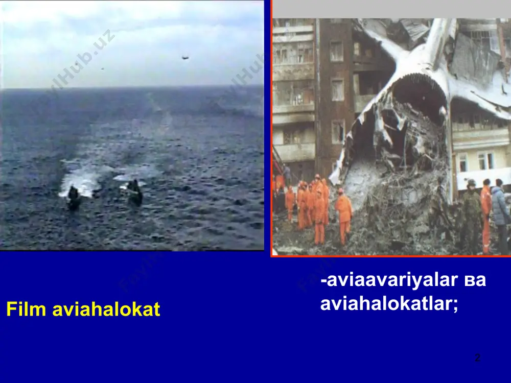 -gaz tozalash qurilmalaridagi, biologik va boshqa tozalash inshoatlaridagi. * 5.binolardagi avariyalar va halokatlar, ularning konstruksiyasini to‘satdan buzilishi, yong‘inlar va portlashlar. film binolarning konstruksiyasini to‘satdan buzilishi * 6.rm va boshqa xavfli, hamda ekologik jihatdan zararli moddalardan foydalanish yoki ularni saqlash bilan bog‘liq avariyalar va halokatlar: chernobil aes film flyurografiya radiasion xavf * -texnologik jarayonda rm foydalanadigan obyektlardagi; -radioaktiv materiallarni tashish vaqtidagi; -radioaktiv chiqindilar to‘plagichlardagi, chiqindixonalardagi shlam to‘plagichlardagi va zm ko‘miladigan joylardagi; -radioizotop buyumlarning yo‘qotilishi; -biologik vositalarning atrof- muhitga chiqib ketishi yoki yo‘qotilishi bilan bog‘liq vaziyatlar. o‘r hududida uran qazib olish bir necha yil mobaynida sobiq sovet ittifoqi uchun eng asosiy mineral-xom ashyo bazasidan biri bo‘lgan. * buning natijasida ko‘p radioaktiv jinslar va chiqindilar paydo bo‘ldi. navoi shahri yaqinidagi zaravshon daryosining chap qirg‘oqlarida, uchquduq shahri yaqinida, namangan viloyatining pop tumani (chorkesar-1, chorkesar-2) yaqinida radioaktiv chiqindilar to‘plagichlari, chiqindixonalar to‘plagichlari joylashgan. фильм: «радиоактивное заражение» * 7.gidrotexnik avariyalar va halokatlar: -suv omborlarida, daryo va kanallardagi …