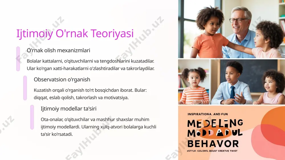 bolalarga keng dunyoqarash beradi. ular turli yashash tarzi va qadriyatlarni o'rganadilar. global muhit ko'p madaniyatli tushuncha va ko'nikmalarni rivojlantiradi. bu bolalarga kelajakda yordam beradi. yangi kommunikatsiya modellari onlayn muloqot shakllari an'anaviy muloqotdan farq qiladi. bolalar yangi ijtimoiy me'yorlarni o'rganmoqdalar. masofaviy muloqot ko'nikmalari zamonaviy bolalar uchun muhimdir. bu ko'nikmalar kelajak ishchi kuchiga kerak bo'ladi. 9 xulosa va perspektivalar 70% tashqi ta'sir bolalar rivojlanishida ijtimoiy omillarning ulushi 4 asosiy bosqich ijtimoiy o'rganishning asosiy elementlari soni 95% kelajak ko'nikmalari ijtimoiy kompetensiyaning hayotiy muvaffaqiyatdagi ahamiyati ijtimoiy o'qitish nazariyasi bola rivojlanishini tushunishda muhim ahamiyatga ega. kelajakda bu nazariya yanada rivojlanishda davom etadi. zamonaviy texnologiya va globallashuv kontekstida nazariyaga yangi yondashuvlar paydo bo'lmoqda. bu psixik rivojlanishni o'rganishda yangi imkoniyatlar yaratadi. 10 image1.png image2.png image3.png image4.png image5.png image6.png image7.png image8.png image9.png image10.png image11.png image12.png image13.png image14.png image15.png image16.png image17.png image18.png image19.png image20.png image21.png image22.png image23.png image24.png image25.png image26.png image27.png image28.png image29.png