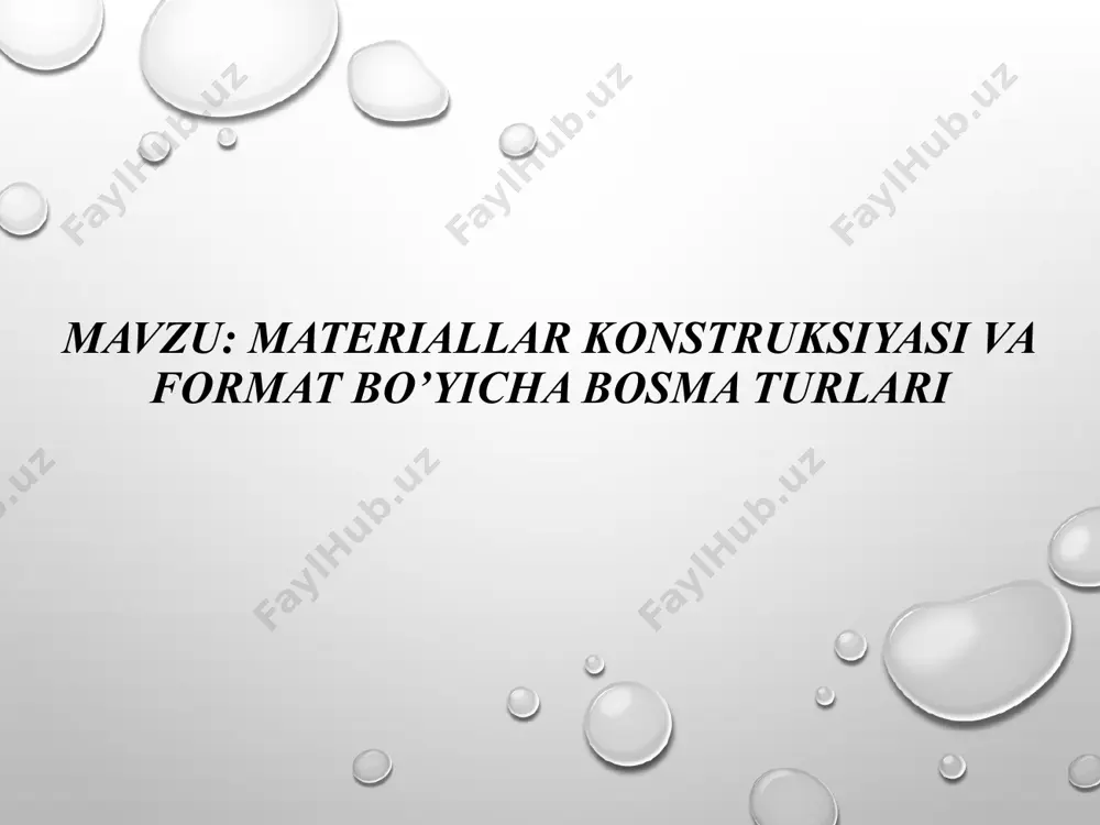 korxonalarni ish uchun zarur bo’lgan ashyolar – qog’oz, karton va matolar bilan ta'minlash. bozor iqtisodiyoti qonunlari shakllanishi munosabati bilan bu vazifalar doimo o’zgarib turadi. respublikamizda juda ko’p nashriyotlar faoliyat olib borayotgan bo’lib, ular o’z vazifasiga ko’ra: markaziy va mahalliy, davlat, idora va boshqa jamoat tashkilotlarining nashriyotlariga bo'linadi. chop etiladigan mahsulotining turiga qarab gazeta, jurnal, tasviriy va nota nashrlariga bo’linadi. biroq nashriyotlar ko’pincha aralash va turli-tuman mahsulotlar chop etadi. matbaa korxonalari nashriyotlar belgilagan miqdordagi bosma mahsulotlarni bevosita chop etish uchun xizmat qiladi. eng yirik korxonalar jumlasiga ,,sharq" nashriyot-matbaa aksionerlik kompaniyasi, ,,0'zbekiston" nashriyot-matbaa ijodiy uyi, “o’qituvchi" nashriyot-matbaa ijodiy uyi, g’ofur g’ulom nomli nashriyot-matbaa ijodiy uyi, ,,polispektr" mas'uliyati cheklangan jamiyat, ,,davlat belgisi" davlat aksiyadorlik birlashmasi, viloyat bosmaxonalari va hokazolar kiradi. bu korxonalarning hammasi deyarli barcha jarayonlami bajarish uchun katta 4 tezlikda ishlaydigan jihozlar bilan ta'minlangan. tekis bosish usuli. asosiy usullaridan biri bo‘lib, unda bosma qolipda bosiluvchi va oraliq elementlar bir tekislikda joylashadi. tekis …
