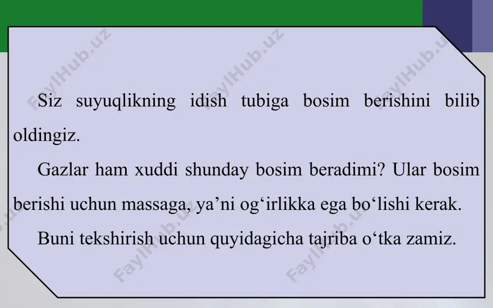 tirib, igna uchini suvga tushi ramiz. porshen yuqoriga ko‘tarilsa, suv ham porshen ortidan ko‘ tariladi (35- rasm). suv nima sababdan ko‘tari ladi? ko‘zga dori tomizishda ishlatiladigan tomizgich (pipetka) uchini suvga tushirib, orqa rezinasini bir siqib olinsa, pipetka ichiga suv kiradi. pipetka suvdan olinganda, undagi suv to‘kil masdan turadi. nega suvning og‘irligi bo‘lsa ham suv to‘kilmaydi? bularning sababi, atmosfera bosimining ta’siridir. shprits porsheni ko‘taril ganda, suv ko‘tarilmasa, porshen va suv orasida bo‘shliq paydo bo‘lar edi. bo‘shliq suvga hech qanday ta’sir ko‘rsatmaydi. pastdagi idishdagi suvga atmosfera bosimi ta’sir ko‘rsatib, suvni porshen orqasidan ko‘tarilishga majbur qiladi. pipetkadagi suv ham atmosfera bosimi tufayli to‘kilmaydi. atmosfera bosimini birinchi marta italiyalik olim e. torrichelli (1608–1647-y.) o‘lchagan. buning uchun uzunligi 1 m bo‘lgan bir uchi berk shisha nay olinib, uni simob bilan to‘ldiriladi. so‘ngra ochiq uchini qo‘l bilan berkitib, to‘nkarilgan holda, simobli idishga tushiriladi (36-rasm). barmoq olinganda shisha naydagi simobning bir qismi to‘kiladi. nayning yuqori qismida havosiz …