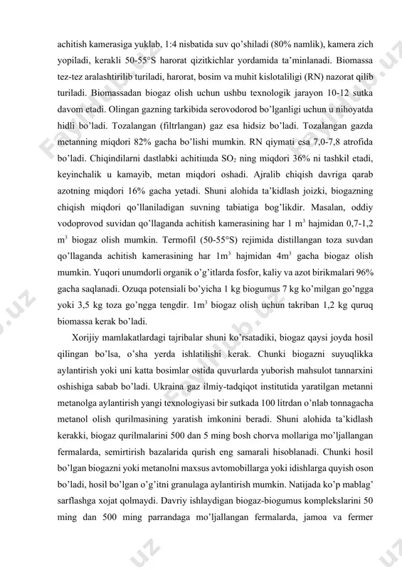 , biogaz qaysi joyda hosil qilingan bo’lsa, o’sha yerda ishlatilishi kerak. chunki biogazni suyuqlikka aylantirish yoki uni katta bosimlar ostida quvurlarda yuborish mahsulot tannarxini oshishiga sabab bo’ladi. ukraina gaz ilmiy-tadqiqot institutida yaratilgan metanni metanolga aylantirish yangi texnologiyasi bir sutkada 100 litrdan o’nlab tonnagacha metanol olish qurilmasining yaratish imkonini beradi. shuni alohida ta’kidlash kerakki, biogaz qurilmalarini 500 dan 5 ming bosh chorva mollariga mo’ljallangan fermalarda, semirtirish bazalarida qurish eng samarali hisoblanadi. chunki hosil bo’lgan biogazni yoki metanolni maxsus avtomobillarga yoki idishlarga quyish oson bo’ladi, hosil bo’lgan o’g’itni granulaga aylantirish mumkin. natijada ko’p mablag’ sarflashga xojat qolmaydi. davriy ishlaydigan biogaz-biogumus komplekslarini 50 ming dan 500 ming parrandaga mo’ljallangan fermalarda, jamoa va fermer xo’jaliklarida kurish maqsadga muvofiqdir. reaktor yoki reaktorlarning hajmi zx50m3 dan zx200m3 gacha bo’lishi mumkin. olib borilgan ilmiy-tadqiqot ishlari va rivojlangan mamlakatlar tajribalaridan kelib chiqqan holda quyidagi xulosalar chiqarish mumkin. 1. chorvachilik va parrandachilik fermalarida kundalik chiqindilarga qayta ishlov berish va …