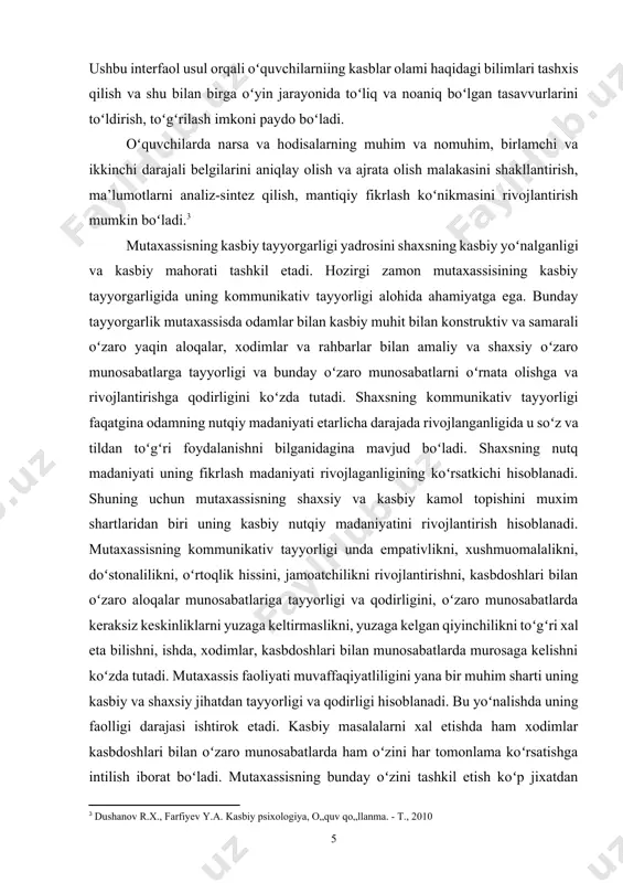 bilishni, ishda, xodimlar, kasbdoshlari bilan munosabatlarda murosaga kelishni koʻzda tutadi. mutaxassis faoliyati muvaffaqiyatliligini yana bir muhim sharti uning kasbiy va shaxsiy jihatdan tayyorligi va qodirligi hisoblanadi. bu yoʻnalishda uning faolligi darajasi ishtirok etadi. kasbiy masalalarni xal etishda ham xodimlar kasbdoshlari bilan oʻzaro munosabatlarda ham oʻzini har tomonlama koʻrsatishga intilish iborat boʻladi. mutaxassisning bunday oʻzini tashkil etish koʻp jixatdan uning muvaffaqiyatga erishish istagiga va intilishiga bogliq boʻladi. zamonaviy psixologiyada muvaffaqiyat muammosiga bagʻishlangan koʻplab ishlar mavjud boʻlib, ularda mazkur muammo amaliy va nazariy jixatdan oʻrganilgan. muvaffaqiyat deganda shaxsning oʻz oldiga qoʻygan maqsadlariga erishishi tushuniladi. odamning bajarayotgan ishini muvaffaqiyatliligini xis etishi ikkita xal etuvchi vaziyatlarga bogʻliq boʻladi: haqiqiy natija va ushbu vaziyatlarda uning qiziqishlari darajasiga. ular odam oʻz faoliyatida qoʻygan maqsadlarini ifoda etish shakli sifatida ishtirok etadi. 1.2. kasbga yoʻnaltirish ishlarini olib borish psixolog ishining muayyan qismi sifatida kasbga yoʻnaltirishdan asosiy maqsad oʻsib kеlayotgan yosh avlodni ongli va mustaqil ravishda kasb tanlashga tayyorlashdan …