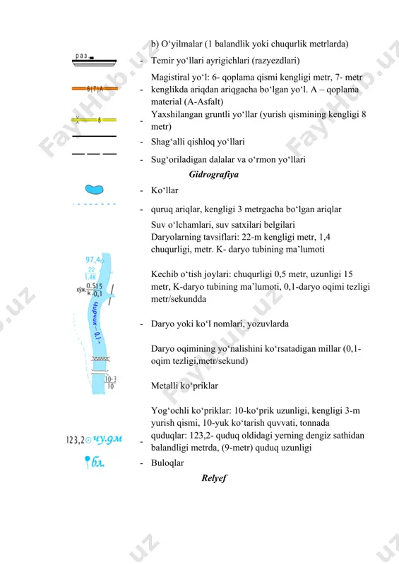 igi, kengligi 3-m yurish qismi, 10-yuk ko‘tarish quvvati, tonnada - quduqlar: 123,2- quduq oldidagi yerning dengiz sathidan balandligi metrda, (9-metr) quduq uzunligi - buloqlar relyef - a. asosiy gorizontallar b. asosiy yo‘g‘onlashtirilgan gorizontlar v. qo‘shimcha gorizontlar (yarim gorizontallar) g. qiya yo‘nalishlar ko‘rsatkichlari (berk shtrixlar) d. gorizontlar yozuvlari - a. yuqori balandliklar belgilari b. tepalik o‘lchamlari oriyentirlarda tepalik belgisi - a. sun’iy chuqurlik b. tabiiy chuqurlik (2‑metr chuqurlikda) jarlik(3‑metr chuqurlikda) o‘rmonlar va shag‘allar - aralash o‘rmonlar - bargli o‘rmonlar - daraxtzorlarning tavsifi metrda: 7-o‘rtacha balandligi, 0.10-o‘rtacha xolda qalinligi, 2-daraxtlar orasidagi o‘rtacha masofa - tor chiziq bo‘ylab o‘rmon va daraxt ekinlarining balandligi (2 o‘rtacha daraxtlar balandligi metr ) - tor chiziq bo‘ylab o‘rmon va daraxt ekinlarining balandligi (5 o‘rtacha balandligi daraxtning metr) - alohida turuvchi daraxtlar a) bargsiz, b) bargli butazorlar (o‘rtacha balandligi 1metr) - uzluksiz o‘sgan butalar (1 o‘rtacha balandligi metrlarda) - 1) alohida butalar 2) saralangan o‘rmon butalar guruxi - …