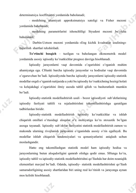 tistik kuzatuvlar olib borilganda, texnik-iqtisodiy ko’rsatkichlar ko’rinishidagi, materiallar oqimidagi axborotlarga duch kelamiz. shu nuqtai nazardan, ishlab chiqarishga - kirish axborotini, chiqish axborotiga o’zgartirgich sifatida qaraladi. bog’liq va bog’liq bo’lmagan o’zgaruvchilarni tanlash. hodisalar orasidagi o’zaro bog’lanishlarni o’rganish ekonometrika fanining muhim vazifasidir. bu jarayonda ikki xil belgilar yoki ko’rsatkichlar ishtirok etadi, biri erkli o’zgaruvchilar, ikkinchisi erksiz o’zgaruvchilar hisoblanadi. birinchi toifadagi belgilar boshqalariga ta’sir etadi, ularning o’zgarishiga sababchi bo’ladi. shuning uchun ular omil belgilar deb yuritiladi, ikkinchi toifadagilar esa natijaviy belgilar deyiladi. masalan, paxta yoki bug’doyga suv, mineral o’g’itlar va ishlov berish natijasida ularning hosildorligi oshadi. bu bog’lanishda hosildorlik natijaviy belgi, unga ta’sir etuvchi kuchlar (suv, o’g’it, ishlov berish va h.k.) omil belgilardir. omillarning har bir qiymatiga turli sharoitlarida natijaviy belgining har xil qiymatlari mos keladigan bog’lanish korrelyatsion bog’lanish yoki munosabat deyiladi. korrelyatsion bog’lanishning xarakterli xususiyati shundan iboratki, bunda omillarning to’liq soni noma’lumdir. shuning uchun bunday bog’lanishlar to’liqsiz hisoblanadi va ularni formulalar orqali …