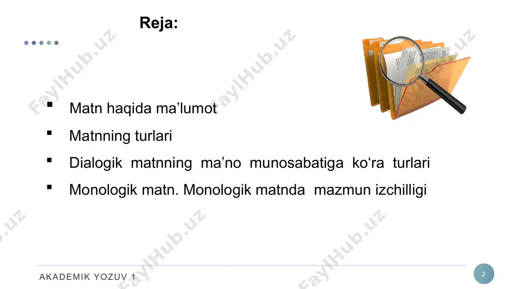matnlar badiiy matnlar tashviqot matnlar axborot beruvchi matnlar ommaviy axborot vositalari matnlari tasviriy matnlar muhokama matnlar akademik yozuv 1 7 ma’lumotnoma matnida bo‘lib o‘tgan voqea-hodisa yoki mavjud holat haqida oddiy axborot beriladi. ijodiy-tavsifiy matn so‘zlovchi yoki yozuvchi tomonidan ijodiy ravishda bayon etilgan voqea-hodisa, narsa yoki shaxsning tasviri yoki xabar, ma’lumot- ning ijodiy-tavsifiy bayonidir. ilmiy, publitistik va badiiy uslublar, shuningdek, insho ham ijodiy-tavsifiy matnning ko‘rinishlaridir. akademik yozuv 1 8 dialog-(yun. dialogos – gaplashish, suhbat) 1) ikki yoki undan ortiq kishining nutqiy muloqot, suhbat; 2) adabiy – badiiy matn komponenti, asardagi personajlarning nutqiy muloqoti berilgan o‘rinlar. dialogik matnning ma’no munosabatiga ko‘ra turlari akademik yozuv 1 monologik matn 9 monolog ( yunon. monos – yakka, logos – so‘z) - yakka shaxsning ayni paytda javob berilishini talab qilmaydigan, o‘zgalar replikalari bilan bo‘linmagan nutqi. monolog og‘zaki shaklda (turli yig‘inlardagi nutq, ma’ruza, hisobotlar) ham, yozma shaklda (publitsistika, memuarlar va h.) ham keng qo‘llanadi. badiiy adabiyotda monologlardan …