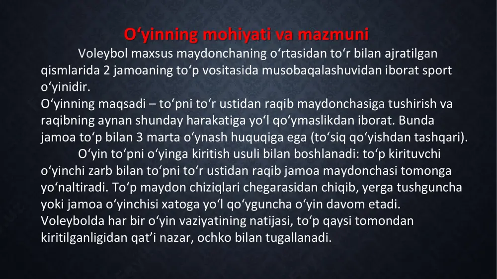 o'yinchisi tomonidan tugallangan blokirovka yoki libero o'yinchisi tomonidan blokirovka qilishga urinish. uchrashuv tugagandan so'ng, u protokolni tekshiradi va imzolaydi. ikkinchi hakam vakolatlari ikkinchi hakam birinchi hakam ro‘parasidagi voleybol ustuni ortida birinchi hakamga qaragan holda tik turib joylashadi. u zaxiradagi o‘yinchilarni kuzatib turadi; tanaffus olish va o‘yinchi almashtirishga ruxsat beradi; o‘yin oldidan, har bir partiya oldidan o‘yinchilarning maydondagi joylashuvini nazorat qilib turadi. o‘yin vaqtida hushtak chaladi va ishora bilan quyidagilar bo‘yicha qaror qabul qiladi: o‘yinchi maydon va to‘r ostidan raqib tomoniga o‘tib ketganda; o‘yinga kiritilayotgan to‘pni qabul qiluvchi jamoa joylashuvda xatoga yo‘l qo‘yganda; o‘zi joylashgan tomon yaqinida o‘yinchi to‘rga va chegaralovchi antennaga tegib ketganda; orqa chiziq o‘yinchisi yoki «libero» to‘siq qo‘yganda; o‘yinchi to‘rning pastki qismiga tegib ketganda. ikkinchi hakam - birinchi hakamning yordamchisi; agar birinchi hakam o'z vazifalarini bajarishda davom eta olmasa, ikkinchi hakam uni almashtirishi mumkin; ikkinchi hakam hushtaksiz o'z vakolatlari doirasiga kirmaydigan xatolarni ko'rsatishi mumkin, lekin ularni birinchi hakam …