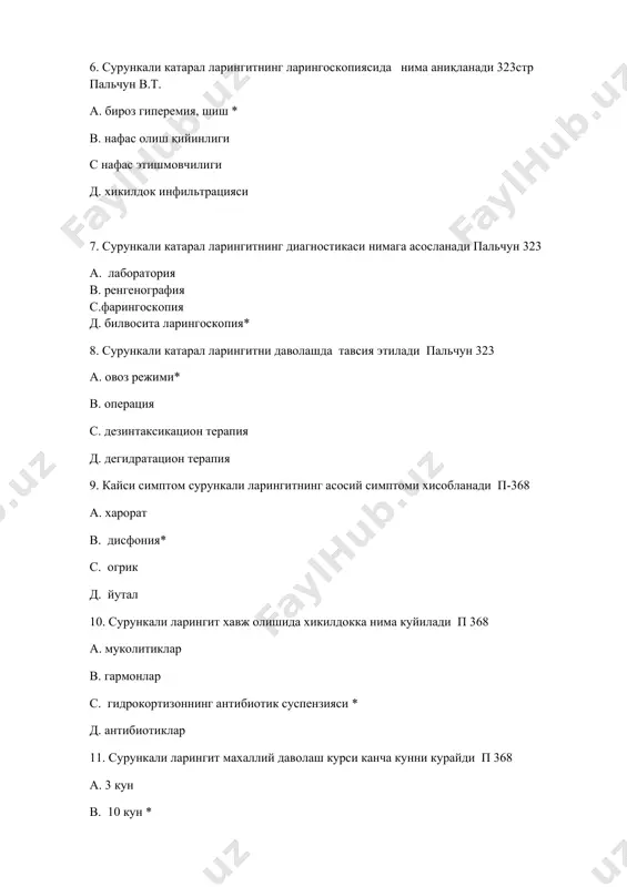 атта рол ўйнайди пальчун 324 а. климатотерапия* в. операция с. дезинтаксикацион д. дегидратацион 15. сурункали гиперпластик ларингитнинг нима билан характерланади п 324 а. инфильтрация в. интоксикация с. хикилдок шиллик кавати атрофияси д. хикилдок шиллик кавати гиперплазияси* 16. сурункали гиперпластик ларингит турлари?324стр пальчун в.т. а. учокли, тарқоқ в. бирламчи, иккиламчи с. ўткир, сурункали д. кушикчилар тугунчаси, пахидермия* 17. сурункали гиперпластик ларингитда беморни нима безовта килади п 369 а. тамокда огрик в. йутал с. ютинганда ет жисм сезгиси * д. харорат 18. сурункали гиперпластик ларингит диагностикаси кандай маълумотларга асосланади?324стр пальчун в.т. а. рентгенография в.билвосита ларингоскопия, стробоскопия* с.лаборотор текшириш д. фиброскопия 19. гиперпластик жараеннинг диффуз формасида нима аникланади п 370 а. шиллик кават калинглашган * в. шиллик кават гиперемияланган с. шиллик кават атрофияланган д. шиллик кават шишган 20. гиперпластик ларингитнинг чегараланган формасида узгаришлар каерда кузатилади п 370 а. хикилдок бушлигида в. коринчоларда с. овоз бурмалари чегарасида * д. хикилдок юзасида 21. хикилдок пахидермиясида …