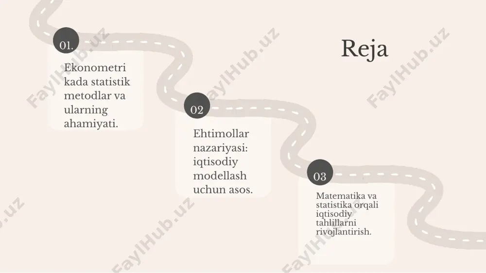 maliyoti iqtisodiy ma'lumotlarni tahlil qilishda muhim rol o'ynaydi. ushbu metodlar yordamida iqtisodiy ko'rsatkichlarni aniqlash va kelajakdagi o'zgarishlarni prognoz qilish mumkin. masalan, regression tahlili orqali kompaniyaning savdo hajmi va marketing xarajatlari o'rtasidagi bog'lanishni o'rganish mumkin. bunday misollar statistik metodlarning iqtisodiy tahlilga qo'shgan hissasini ko'rsatadi. ekonometrikada statistik metodlar amaliyoti ehtimollar nazariyasining asosiy tushunchalari ehtimollar nazariyasi - hodisalarning ehtimolligini o'rganadigan fan. u iqtisodiyotda ma'lumotlarni tahlil qilish va qaror qabul qilishda muhim ahamiyatga ega. 1. ehtimollik: hodisaning yuz berish imkoniyati. 2. hodisa: o'zgaruvchi natijalar to'plami. 3. natija: hodisaning konkret ko'rinishi. ehtimollar nazariyasi iqtisodiy modellarda muhim rol o'ynaydi, chunki u xarajatlarni baholash va risklarni aniqlashga yordam beradi. ehtimollar nazariyasining iqtisodiy modellashdagi qo'llanilishi ehtimollar nazariyasi iqtisodiy modellashda muhim rol o'ynaydi. masalan, risk tahlilida ehtimollar nazariyasi yordamida turli iqtisodiy ssenariylar ishlab chiqiladi. bunday ssenariylar investitsion qarorlar, bozor prognozlari va iqtisodiy siyosatni belgilashda qo'llaniladi. ehtimollar nazariyasi, shuningdek, iqtisodiy modellarni tuzishda, xatoliklarni baholashda va statistik tahlil qilishda yordam beradi. …