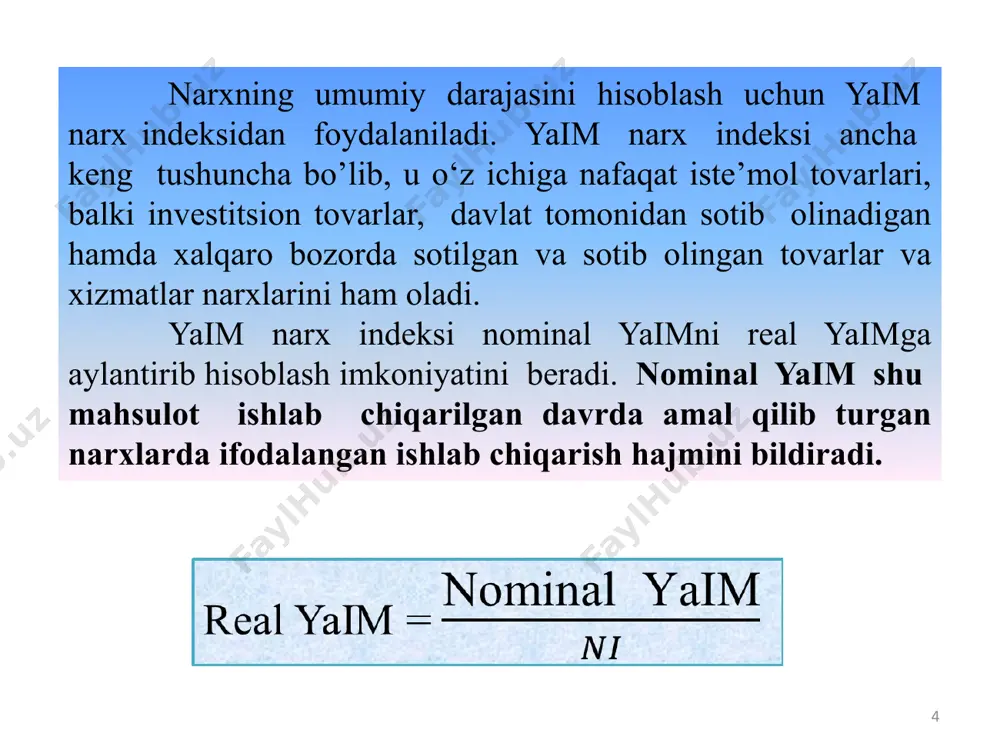 dagi jamg‘arishning ulushi (s/y). 19 2-formula quyidagi ko‘rinishda o‘z ifodasini topadi: bu yerda: gw – haqiqiy jamg‘arma va taxmin qilinayotgan investitsiyalar o‘rtasidagi dinamik muvozanatni ta’minlovchi o‘sishning kafolatlangan sur’ati; cr – kapital koeffitsientining talab etilayotgan miqdori. 20 e’tiboringiz uchun rahmat!!! image1.jpeg image1.png image2.png image3.png image6.png image7.png image8.wmf image10.wmf image11.wmf image12.wmf image13.wmf image14.wmf image15.wmf image16.wmf ) , , ( n k l f y = b a l ak y = 75 , 0 25 , 0 01 , 1 l k y ´ ´ = rt e l ak y a a - = 1 s ´ = ´ d i a i 1 a i i ´ = d s s c g = ´ s cr gw = ´ /docprops/thumbnail.jpeg