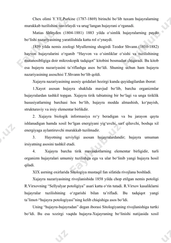 ab berolmadi. karikonez bo‘lishining asosiy bosqichlarini birinchi marta e.strasburger o‘zining “hujayralar xosil bo‘lishi va hujayralar bo‘linihi to‘g‘risida” (1875) nomli asarida to‘la tasvirlab berdi. u hujayralar bo‘linish davrida yadro yo‘qolib ketmasdan, balki o‘zgarib, natijada ikkita qiz yadro hosil bo‘lishini aniqladi. lekin u mitoz fazalarining ketma-ketligini ta’riflab berolmagan. hayvon hujayralari (somatik) yadrolarning bo‘linish prosessini kiyevlik olim p.i.peremejko tomonidan (1878) triton terisining epiteliysi misolida o‘rganildi. biroq u ham bo‘linish jarayonining ketma-ketligini aniqlay olmadi. “karikonez” termini fanga 1879 yilda v.shleyxer tomonidan kiritildi. karikonez bo‘linish fazalarining ketma-ketligini 1879 yilda v.fleming tasvirlab berdi. xujayralar bo‘linishini oskar gertvig to‘laroq tasvirlab berdi. gervig va strasburgerlar yadroning irsiy belgilarini avloddan-avlodga o‘tishdagi rolini aniq ta’riflay olmadi. mikroskopning taraqqiyoti bilan bir qatorda hujayrani o‘rganish uchun qulay bo‘lgan usullar, fiksatorlar ham mukammallashib bordi. 1850 yilda xrom kislotasi, 1865 yilda pikrin kislotasi, formalin va boshqa eritmalar kashf etildi. shu bilan birga mikrotom kashf etilib, to‘qimalardan juda qisqa kesmalar tayyorlab, parafin va jelatinaga quyib …