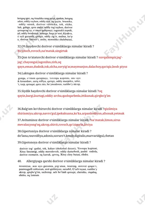 oydalaniladi?qizilmiya shirinmiya,kamfora,jenshen,na’matak 43.asab kasalliklarida qanday xalq tabobati usullaridan foydalaniladi? jenshen,exinopaks,moxlarsimon levzeya,shizandra,qizilcha 44.bosh og‘rig‘da qanday xalq tabobati usullaridan foydalaniladi? 45.ko‘krak qafasi og‘riqlarida qanday xalq tabobati usullaridan foydalaniladi? lavanda moyi,yalpiz moyi,rayhon moyi,zig’ir urug’i,kamfora eritmasi,xantal 46.qovurg‘alardagi og‘riqlarda qanday xalq tabobati usullaridan foydalaniladi?lavanda moyi,yalpiz moyi,rayhon moyi,zig’ir urug’i,kamfora eritmasi,xantal 47.oshqozondagi og‘riqlarda qanday xalq tabobati usullaridan foydalaniladi?bo’znoch,eman po’stlog’i,tog’jumrut,makkajo’xori popugi, momoqaymoq,zira,ravoch,otquloq 48.qorindagi og‘riqlarda qanday xalq tabobati usullaridan foydalaniladi?bo’znoch,eman po’stlog’i,tog’jumrut,makkajo’xori popugi, momoqaymoq,zira,ravoch,otquloq 49.bel og‘riqlarida qanday xalq tabobati usullaridan foydalaniladi? 50.dumg‘aza og‘riqlarida qanday xalq tabobati usullaridan foydalaniladi? 51.grijalarda qanday xalq tabobati usullaridan foydalaniladi? 52.bo‘g‘imlardagi og‘riqlarda qanday xalq tabobati usullaridan foydalaniladi? 53.qabziyatda qanday xalq tabobati usullaridan foydalaniladi? olma,sano 54.qusishda qanday xalq tabobati usullaridan foydalaniladi?suvqalampir,jag’-jag’,chayongul,lagoxilus 55.ich ketishida qanday xalq tabobati usullaridan foydalaniladi? qatiq,yantoq,anor po’stlog’i, 56.ayirish sistemasi kasalliklarida qanday xalq tabobati usullaridan foydalaniladi?oq qayin,bargi,kurtagi,oddiy archa,qashqarbeda,ittikanak,qirqbo’g’im 57.bosh aylanishida qanday xalq tabobati usullaridan foydalaniladi? 58.uyqusizlikda qanday xalq tabobati usullaridan foydalaniladi? 59.yara kasalliklarida qanday xalq tabobati usullaridan foydalaniladi?zubturum,moychechak,gulxayri,qoncho’p,igir,antis,fenxel,tillabosh,archa,ermon 60.nafas a’zolari kasalliklarida qanday xalq tabobati usullaridan …