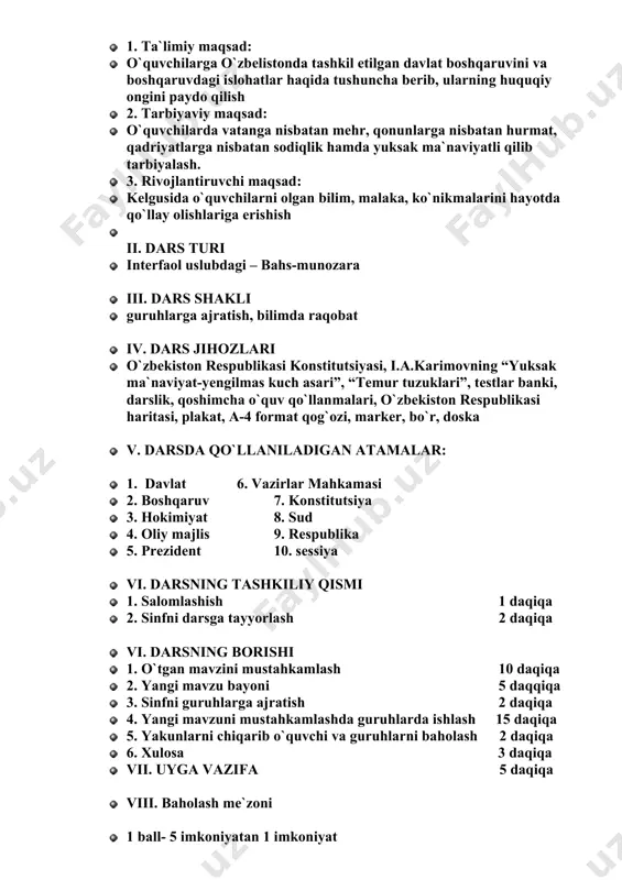 koniyatan 4 imkoniyat · 5 ball- 5 imkoniyatan 5 imkoniyat o`tilgan mavzuni mustahkamlash · o`tilgan mavzunu mustahkamlashda 3 ta guruhga bo`lingan guruh sardorlariga krassvordlar berish; · guruh o`quvchilariga esa kartochka asosida savollar berib baholash yangi mavzu bayoni · o'zbekiston respublikasida "xalq - hokimiyatning birdan bir manbai" ekanligi konstitutsiyada belgilab qo'yilgan. ushbu davlat-huquqiy faoliyatning mazmuni konstitutsiyaviy tamoyillarga asoslanadi. davlat hokimiyatining xalq manfaatlarini ko'zlab o'z faoliyatini yo'lga qo'yishi konstitutsiyada qat'iy belgilangan, davlat hokimiyati zimmasiga qo'yilgan bosh vazifadir. · "tabiiyki, har qanday davlatning yuzi, obro'-e'tibori uning konstitutsiyasi hisoblanadi". islom karimov · "o'zbekiston respublikasi davlat hokimiyatining tizimi hokimiyatning qonun chiqaruvchi, ijro etuvchi va sudhokimiyatiga bo 'linishiprinsipiga asoslanadi". · o'zbekiston respublikasining konstitutsiyasi, · 11- modda. prezident "o'zbekiston respublikasida sud hokimiyati qonun chiqaruvchi va ijro etuvchi hokimiyatlardan, siyosiy partiyalardan, boshqa jamoat birlashmalari- dan mustaqil holda ish yuritadi".o'zbekiston respublikasining konstitutsiyasi, 106- modda. manba: www.ziyonet.uz www.lex.uz 1-guruhga savol qonun chiqaruvchi organ faoliyatini tavsiflab bering 2-guruhga savol · ijro …