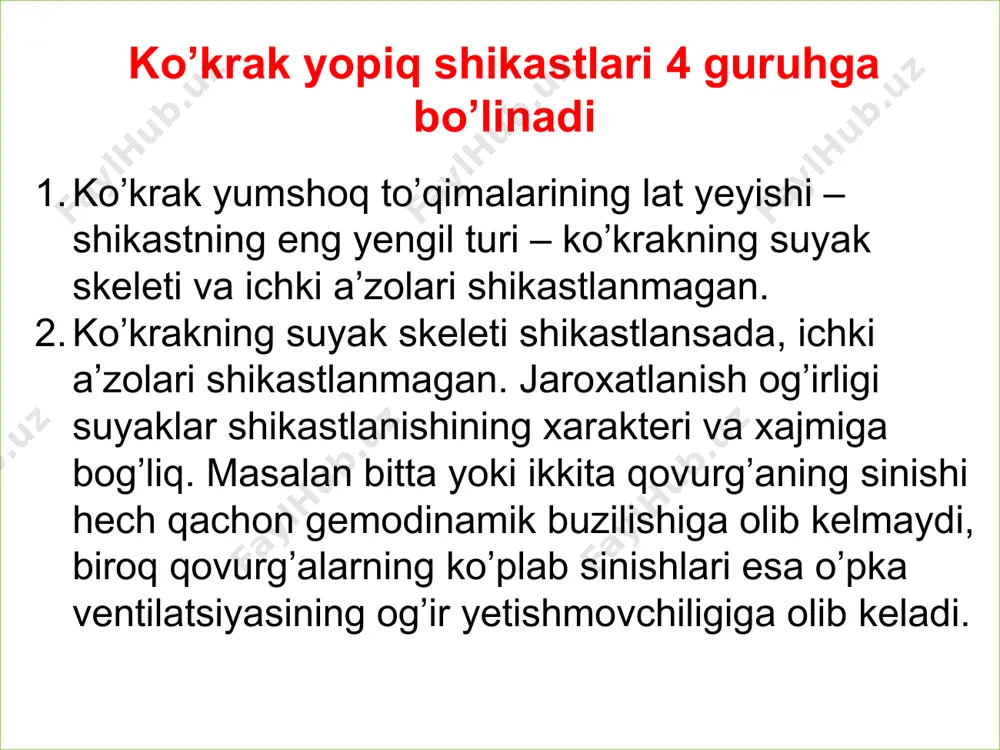 kechiktirilgan muddatda vishnevskiy usuli bilan sanatsiya qilish muolajasi o’tkaziladi yaradorlarga maxsus jarroxlik yordami ko’rsatish olib borilganidan so’ng harbiy xizmatga noloyiq yaralanganlar (tuzalgandan so’ng) front ortiga ko’chiriladilar. qorinning o’qotar qurollardan jarohatlanishi tasnifi 1. teshib o’tmaydigan jarohatlar. a) qorin devori to’qimalarning shikastlanishi bilan; b) me’da osti bezi, ichak, buyrak, siydik yo’li, siydik pufagining qorin pardadan tashqari shikastlanishi bilan . 2. qorin bo’shlig’iga teshib o’tuvchi jarohatlar. a) qorin bo’shlig’i a’zolarning shikastlanishi; b) kovak a’zolarining shikastlanishi; v) parenximatoz a’zolar shikastlanishi; g) kovak va parenximatoz a’zolarning shikastlanishi; d) torakoabdominal va abdomino – torakal shikastlanishlar; e) buyrak, siydik yo’li va qovuqning jarohatlari bilan qo’shilib kelishi; j) umurtqa pog’onasi va orqa miyyaning jarohatlari bilan qo’shilib kelishi birinchi tibbiy yordam 1. jarohatga aseptik bog'lam qo'yish; 2. birinchi navbatdagi tez va ehtiyot qilgan holda evakuasiya qilish; 3. antibiotiklarni yuborish; 4. jarohatdan chiqib turgan ichki a'zolarni qorin bo'shlig'iga joylash mumkin emas; 5. qo'shilib kelgan jarohatlarda shunga mos yordam ko'rsatish. shifokor …