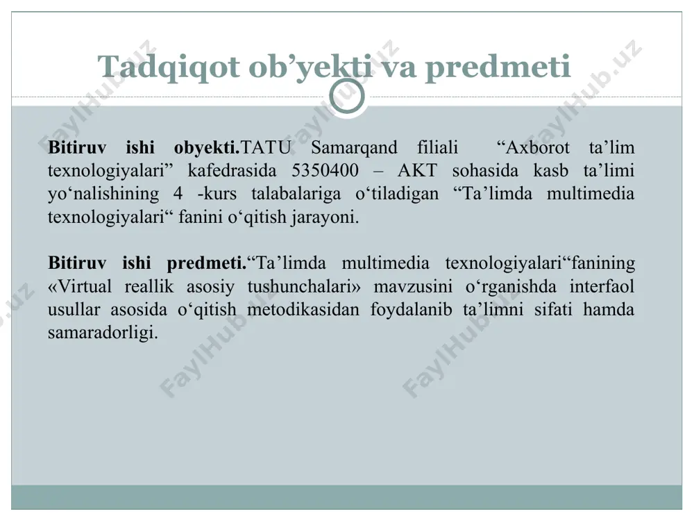 exnologiya institutida jaron lanier tomonidan o‘ylab topilgan. u 1984 yilda dunyoda birinchi virtual borliq firmasini tashkil etdi. bu atama kompyuterda yaratiladigan muhitda insonning mavjudligi g‘oyasini ifoda etadi. «virtual borliq» atamasi muomalaga amerikalik kinematografchilar tomonidan kiritilgan. ular muayyan sabablarga ko‘ra tabiiy yo‘l bilan amalga oshirib bo‘lmaydigan xayoliy imkoniyatlarni belgili-grafik shaklda sun’iy amalga oshirish mumkinligi haqidagi kinolentani shu nom bilan chiqarganlar. virtual borliq — inson real borliqda harakat qilayotgan illyuziyasini kompyuterda yaratish imkonini beruvchi interfaol texnologiya. intrefaol ta’lim metodlari va amaliy topshiriqlar, ishlanmalar hozirgi vaqtda ta’lim jarayonida o’qitishning zamonaviy metodlari keng qo’llanilmoqda. o’qitishning zamonaviy metodlarini qo’llash o’qitish jarayonida yuqori samaradorlikka erishishga olib keladi. ta’lim metodlarini tanlashda har bir darsning didaktik vazifasidan kelib chiqib tanlash maqsadga muvofiq sanaladi. an’anaviy dars shaklini saqlab qolgan holda, unga turli-tuman ta’lim oluvchilar faoliyatini faollashtiradigan metodlar bilan boyitish ta’lim oluvchilarning o’zlashtirish darajasining ko’tarilishiga olib keladi. buning uchun dars jarayoni oqilona tashkil qilinishi, ta’lim beruvchi tomonidan ta’lim oluvchilarning qiziqishini …