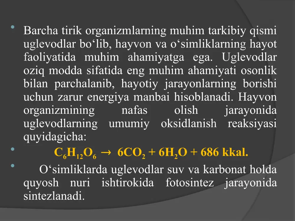 ganik birikma —> organik birikma h2 gidroksil ionlar ya’ni oh esa o‘zining elektronini boshqa molekulalariga beradi va erkin radikalga aylanadi. radikallar o‘zaro qo‘shilib, suv va molekulyar kislorod hosil qiladi. 40h o2+2h2o shunday qilib, fotosintez jarayonida hosil bo‘ladigan va atmosferani boyitadigan molekulyar kislorod manbai suv hisoblanadi. quyosh energiyasi nafaqat suvni parchalashga balki fosfat kislota va adf dan atf larni hosil qilishga ham sarflanadi bu juda samarali jarayon: xloroplastlarda kislorodni ishtirokisiz, shu o‘simlik mitoxondriyalariga nisbatan 30 marta ko‘p atf sintezlanadi. shu yo‘l bilan karbonat angidridni biriktirish jarayoni uchun energiya to‘planadi. bu reaksiyalarda atf va vodorodni ko‘chiruvchi organik birikmalardagi vodorod ishtirok etadi. fotosintez jarayonining umumiy reaksiyasini shartli ravishda ikkiga: yorug‘da boradigan reaksiyalarga, ya’ni fotokimyoviy reaksiyalar va yorug‘lik talab qilmaydigan reaksiyalar bo‘lish mumkin. bu har ikkala reaksiya ham xloroplastlar strukturasiga bog‘liq. karbonat angidridni o‘zlashtirish bilan bog‘liq bo‘lgan va yorug‘lik talab qilmaydigan reaksiyalar xloroplastlarning stroma qismida boradi. fotokimyoviy reaksiyalar va ular bilan bog‘liq bo‘lgan elektronlarning …