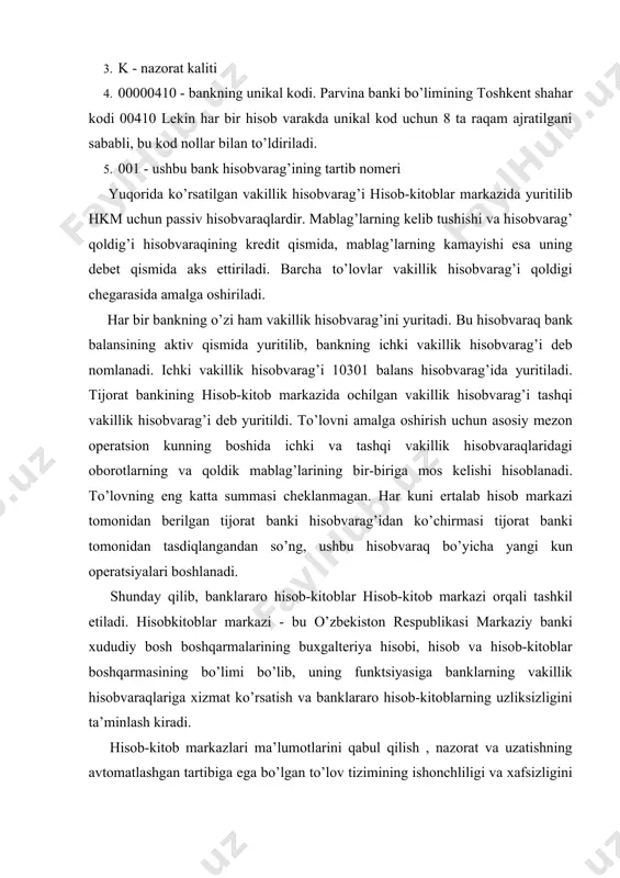 ali tashkil etiladi. hisobkitoblar markazi - bu o’zbekiston respublikasi markaziy banki xududiy bosh boshqarmalarining buxgalteriya hisobi, hisob va hisob-kitoblar boshqarmasining bo’limi bo’lib, uning funktsiyasiga banklarning vakillik hisobvaraqlariga xizmat ko’rsatish va banklararo hisob-kitoblarning uzliksizligini ta’minlash kiradi. hisob-kitob markazlari ma’lumotlarini qabul qilish , nazorat va uzatishning avtomatlashgan tartibiga ega bo’lgan to’lov tizimining ishonchliligi va xafsizligini mustaxkamlash maqsadida tashkil etilgan edi. hozirgi kunda bu markazlar elektron to’lovlar tizimi asosida banklararo hisob - kitoblarni olib bormoqdalar. 3-§. elektron to’lov tizimining joriy etilishi o’zbekiston respublikasining bozor munosabatlariga o’tishi bilan bank tizimida bir qator o’zgarishlari bo’lib o’tdi. ikki pog’onali bank tizimi paydo buldi. tijorat banklarining shoxobchalari kengaytirildi. bundan tashqari, turli mulkchilik shakllarining paydo bo’lishi banklar o’rtasidagi munosabatlarning ko’payishiga olib keldi. shu munosabatlar bo’yicha hisob-kitoblarni o’z vaqtida tezkorlik bilan amalga oshirish uchun yangi avtomatlashtirilgan tizimni joriy etish zarurati tug’ildi. ilgari pochta yoki telegraf orqali to’lov hujjatlari bir bankdan ikkinchi bankka jo’natilganda to’lovlar bir necha kunga, xatto 15-20 …
