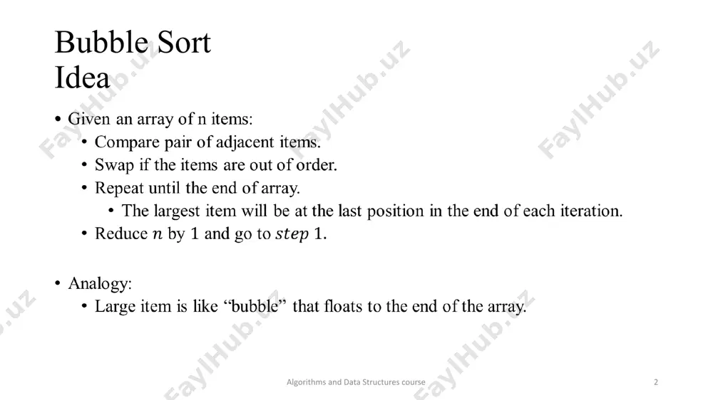 example 10 13 14 29 37 algorithms and data structures course 20 bubble sort example 10 13 14 29 37 comparing 10 and 13, and do nothing algorithms and data structures course 21 bubble sort example 10 13 14 29 37 comparing 10 and 13, and do nothing algorithms and data structures course 22 bubble sort implementation algorithms and data structures course 23 bubble sort analysis algorithms and data structures course 24 if we go through the inner loop with no swapping, then the array is already sorted and we can stop early. bubble sort optimization algorithms and data structures course 25 worst-case: input is in descending order. running time remains the same: o(n2). best-case: input is already in ascending order. the algorithm returns after a single outer iteration. running time: o(n). bubble sort optimization algorithms and data structures course 26 image1.png image2.png image3.png image4.png /docprops/thumbnail.jpeg