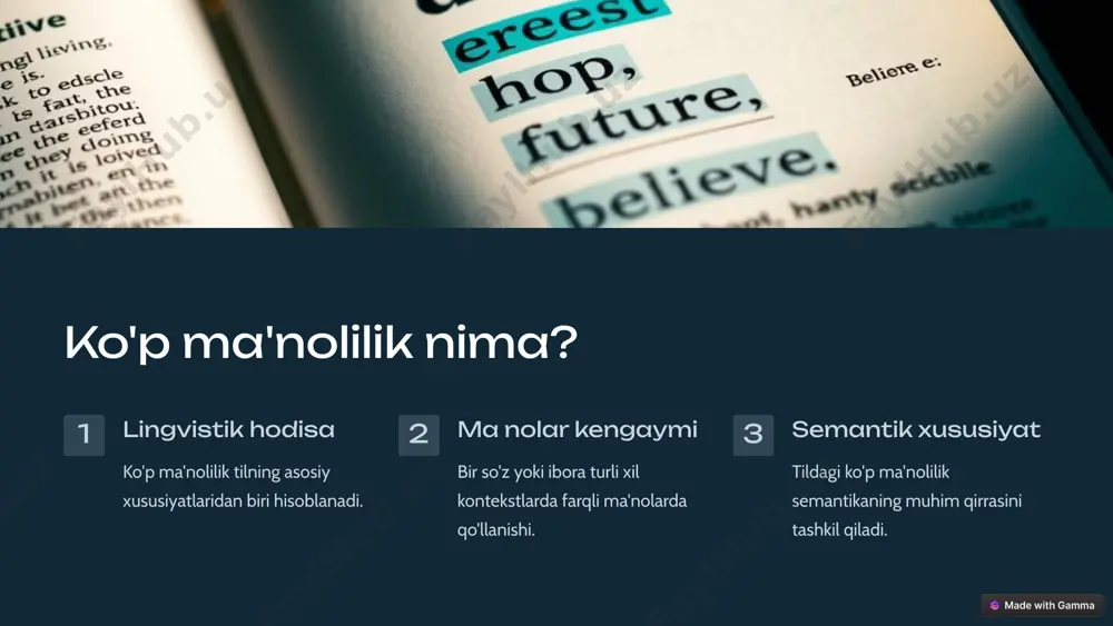 gili-ramziy ifoda vositalari ko'p ma'nolilikni yuzaga keltiradi. teatr teatr san'atida replika, imo-ishora va harakatlar ko'p ma'noli bo'ladi. haykaltaroshlik haykallardagi shakl va makon ko'p ma'noli talqinlarga olib keladi. 8 ko'p ma'nolilikni qanday rivojlantirish mumkin? kitob o'qish adabiy asarlarni chuqur o'rganish ko'p ma'nolilik qobiliyatini oshiradi. dialoglar turli fikrlar bahs-munozaralarda o'rganish muhim ahamiyatga ega. ijod qilish ijodiy yondashuvlar yangi ma'nolar yaratishga yordam beradi. 9 xulosa 1 hayotiy ahamiyat ko'p ma'nolilik insonda salohiyatni oshirish va fikrlash qobiliyatini yaxshilaydi. 2 til va madaniyat ko'p ma'nolilik tilda va madaniyatning taraqqiyoti bilan bog'liq. 3 rivojlanish yo'li ko'p ma'nolilikni har tomonlama rivojlantirish muhim va zarurdir. 10 etiboringiz uchun rahmat . image1.png image2.png image3.png image4.png image5.png image6.png image7.png image8.png image9.png image10.png image11.png image12.png image13.png image14.png image15.png