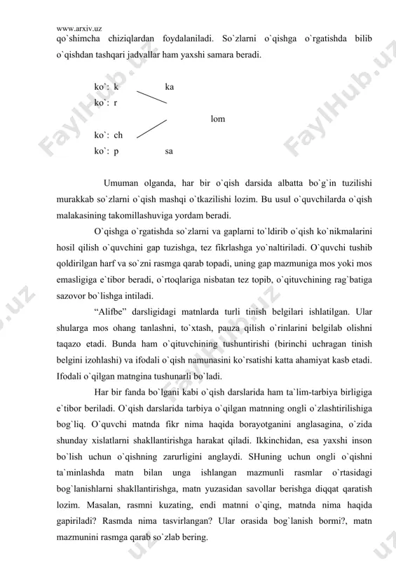 ish uchun o`qishning zarurligini anglaydi. shuning uchun ongli o`qishni ta`minlashda matn bilan unga ishlangan mazmunli rasmlar o`rtasidagi bog`lanishlarni shakllantirishga, matn yuzasidan savollar berishga diqqat qaratish lozim. masalan, rasmni kuzating, endi matnni o`qing, matnda nima haqida gapiriladi? rasmda nima tasvirlangan? ular orasida bog`lanish bormi?, matn mazmunini rasmga qarab so`zlab bering. yoki: bolalar qaerga bordilar?, qizning ismi nima?, bolaning ismi-chi? ali, lola nima qildi? ular qanday lolalar terdilar?. demak, o`qish o`qilganlarni o`zlashtirishga yo`naltirilgan bo`lishi lozim. shundagina matndagi asosiy fikr, ilgari surilayotgan g`oya o`quvchilar tomonidan o`zlashtiriladi. so`ng so`z va matnlar yod olingan taqdirda ham o`quvchiniki bo`lib qoladi. o`qishning ongliligini va ta`sirchanligini ta`minlash uchun matn mazmunini o`quvchilarning ko`rgan kechirganlarini, taassurotlari bilan bog`lash lozim. shunda o`quvchida o`qishga, o`rganishga qiziqish ortadi. ongli o`qishni amalga oshirishda lug`at ustida ishlash ham muhim ahamiyat kasb etadi. masalan, 51-sahifada uvol, rizq-ro`z so`zlari bor. ularning ma`nosi ustida to`xtalish, birinchidan, fikrni oydinlashtirsa, ikkinchi tomondan tarbiyalashga ham xizmat qiladi. she`r, tez aytish, topishmoq, …