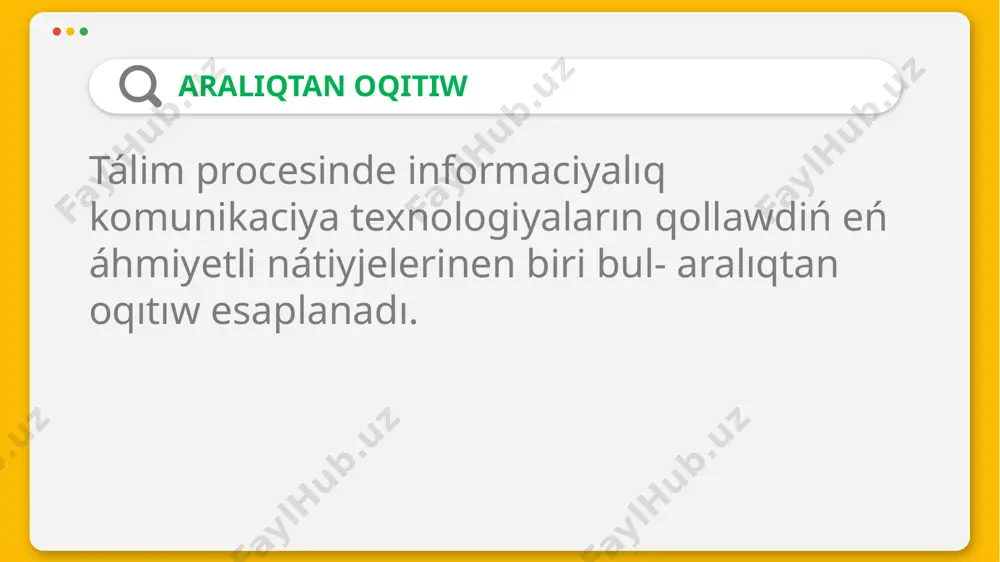 tqaradı. google classroom (https://classroom.google.com/) — bilimlendiriw ushın platforma bolıp, kurs/klastı jaratıw hám oqıwshılardı qosıw, kerekli oqıw materialların kiritiw hám oqıwshılarǵa usınıw, tapsırmalar beriw, jumısların bahalaw hám xızmetin baqlap barıw, oqıwshılar menen baylanısıw imkaniyatların usınadı. 1-basqísh. google xizmetleri paydalaníwshí akkauntín dizimnen ótkeriw лента bóliminde social tarmaqlar sıyaqlı xabarlar, oqıw stulǵa kiritilgen materiallar izbe-izligi menen tanısıw múmkin. пользователи bóliminde kurs oqıtıwshıları hám kursda tálim alıp atırǵanlar haqqında maǵlıwmat alıw múmkin. задания bólimi arqalı kurs materialları menen tanısıw múmkin. все темы – kurs boyınsha kiritilgen temalardıń dizimi. qanday da tema saylanǵanda, oǵan mas oqıw materialınıń dizimi ashıladı. tema boyınsha kiritilgen teoriyalıq materiallar, ámeliy tapsırmalar, sorawlar hám qadaǵalaw testleri menen tanısıw, olar quramındaǵı fayllardı kóriw múmkin google clasroom platformasida oqıw kursına aǵza bolıw google akkauntı arqalı sistemaǵa kiriledi; google xizmetlerinen kласс tańlanadı yamasa https://classroom.google.com/ kiritiledi; kursqa baylanısıw ushın (+) belgisi arqalı присоединиться tańlanadı hám dialog aynasında kurstıń kodı (kursqa kiriw ushın oqıtıwshı tárepinen beriletuǵın …