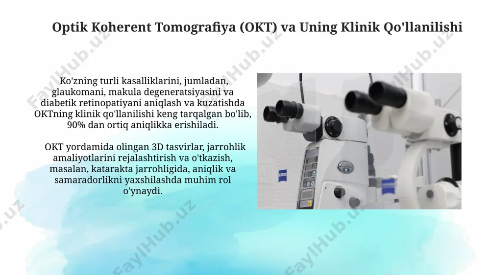an mutaxassislar va 5 dan ortiq turdagi aniq o‘lchash vositalari talab etiladi. oftalmologiyada optik asboblarning yangi avlodlari oftalmologiyada yuqori aniqlikdagi optik koherent tomografiya (okt) asboblari 1000 dan ortiq skanerlash liniyalarini qo'llab-quvvatlab, retina tuzilmalarini 3d tasvirlash imkonini beradi va diagnostika aniqligini sezilarli darajada oshiradi. femtosekundli lazerlar bilan jihozlangan refraktiv jarrohlik asboblari, 0.001 mm aniqlik bilan individualizatsiyalashgan korreksiya amalga oshirishga imkon berib, jarrohlik xatoliklarini kamaytiradi va natijalarni yaxshilaydi. ko'z kasalliklarini davolashda optik asboblar angiografiya uchun ishlatiladigan fluorescein angiografiya tizimlari, ko'z tomirlarining 0,1 mm gacha bo'lgan diametrdagi o'zgarishlarini aniqlash imkoniyatini beradi va diabetik retinopatiyani erta bosqichda aniqlashga yordam beradi. fakoemulsifikatsiya jarrohligida ishlatiladigan ultrabinafsha nurli mikro-kesish asboblari, katarakta operatsiyalarining muvaffaqiyat darajasini 98% ga oshirib, asoratlar xavfini sezilarli darajada kamaytiradi. e'tiboringiz uchun rahmat @taqdimot_robot image2.jpg image3.jpg image4.jpg image5.jpg image6.jpg image7.jpg image8.jpg image9.jpg image10.jpg image11.jpg image12.jpg image13.jpg image14.jpg image15.jpg image1.png