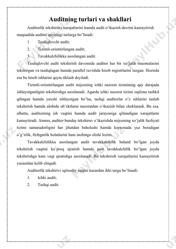 omonidan bevosita tashkil etilgan maxsus ichki nazorat bo’limi shaklida; · auditorlik firmasi bilan shartnomaga muvofiq ichki auditni o’tkazish shaklida. agar korxonada ichki audit tashkil etilgan bo’lsa, tashqi auditor uning yordamidan foydalanishi mumkin. tashqi auditor ishining samaradorligi ichki auditor bilan hamkorlik qilsa, ancha ortadi. har yillik auditorlik tekshiruvi davomida ichki auditor tashqi auditor nazorati ostida alohida ishlarni bajarishi mumkin. tashqi audit - xo’jalik yurituvchi sub’ektning buxgalteriya hisobi va moliyaviy hisobotining haqiqiyligini ob’ektiv baholash maqsadida shartnoma asosida auditorlik kompaniyalari yoki yakka auditorlar tomonidan o’tkaziladi. tashqi auditning asosiy xususiyatlaridan biri – bu mijoz korxonaga nisbatan hech qanday manfaati bo’lmagan, ya’ni uning mulkdori, ta’sischisi, boshlig’i yoki boshqa lavozimida ishlamaydigan, mustaqil, xolis auditor tomonidan o’tkazilishidadir. agarda auditor tekshirayotgan korxonaning mulkdori, ta’sischisi, boshlig’i yoki boshqa lavozimida ishlaydigan shaxsi bo’lsa, u holda auditorlik faoliyati uchun berilgan litsenziya bekor qilinishi ham mumkin. tashqi audit korxonaning moliya-xo’jalik faoliyatini baholash hamda uning moliyaviy hisobotini tasdiqlash uchun o’tkaziladi. bundan tashqari tashqi …