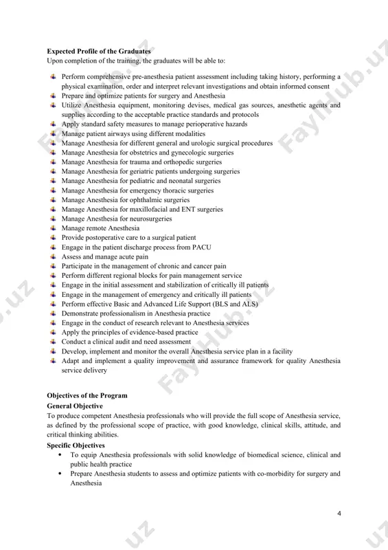 the management of chronic and cancer pain · perform different regional blocks for pain management service · engage in the initial assessment and stabilization of critically ill patients · engage in the management of emergency and critically ill patients · perform effective basic and advanced life support (bls and als) · demonstrate professionalism in anesthesia practice · engage in the conduct of research relevant to anesthesia services · apply the principles of evidence-based practice · conduct a clinical audit and need assessment · develop, implement and monitor the overall anesthesia service plan in a facility · adapt and implement a quality improvement and assurance framework for quality anesthesia service delivery objectives of the program general objective to produce competent anesthesia professionals who will provide the full scope of anesthesia service, as defined by the professional scope of practice, with good knowledge, clinical skills, attitude, and critical thinking abilities. specific objectives …