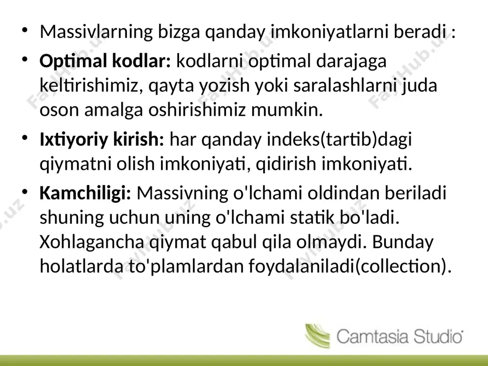 marta alohida kod yozmasdan, bitta yozganimizni qayta ishlatishimiz mumkin. uzilib-ulanuvchanligi: buni tushunish uchun yuqoridagi misoldan foydalanamiz, aytaylik, mashinaning biror qismi ishlamayapti, xo'sh nima qilinadi? o'sha qismni ishlab turgan boshqa ehtiyot qismga almashtiramiz, yoki tuzatamiz. mashinaning biror vinti buzilsa uni boshqa ishlab turgani bilan almashtirasiz yoki tuzatamiz lekin mashinani butunligicha yahlit almashtirmaymiz. oydning asosiy tushunchalari obyekga yo'naltirilgan dasturlash yoki oyd – haqiqiy hayotiylikka asoslangan dasturlash usulidir. yana protsedurali dasturlash tillari (masalan, paskal, basic, fortan) ham mavjud. oyd ning undan asosiy farqi shundaki, oyd asosan obyektlarga asoslangan holda ishlasa, protsedurali dasturlash tillari esa asosan funksiyalarga asoslangan bo'ladi ya'ni bu usuldagi dasturlashda har bitta buyruqlar qadamma-qadam bajarilib boriladi masalan: faylni och, raqamni o'qi, 4 ga ko'paytir va ekranga chiqar. oyd ni tashkil etuvchilari quydagilar: object – obyekt class – sinf inheritance – meros olish polymorphism – ko'p formalik abstraction – mavhumlik encapsulation – enkapsulyatsiya (kapsula ichiga joylamoq) javada funksiyalar (method) funksiyalar – obyektimiz …