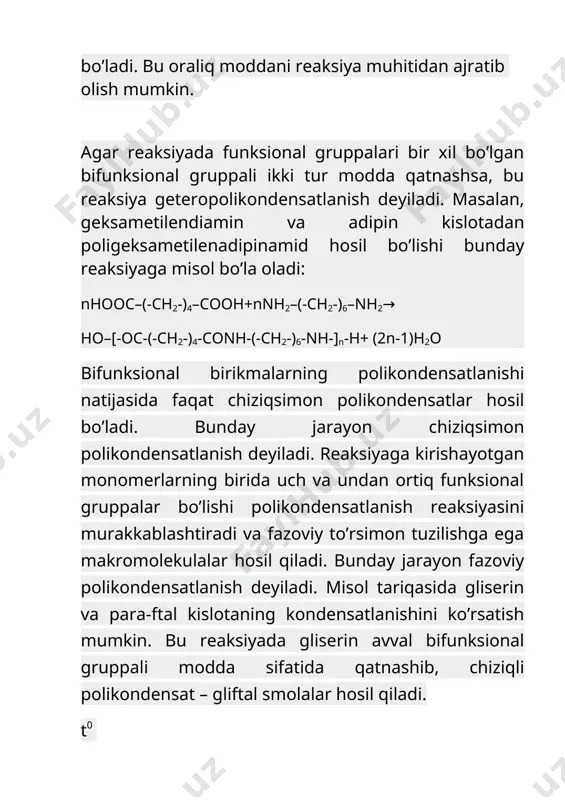 etramer oligomerlar bilan o’zaro ta‘sirlashuvi bosqichma – bosqich tartibda boradi. fazoviy polikondensatlanish davrida erituvchilarda eritmaydigan polimerlar hosil bo’ladi. chunki, chiziqsimon tuzilishga ega o’sayotgan zanjirning funktsional guruhlari ta‘sirida makromolekulaning mustahkam kimyoviy bog’ hosil qilib tikilishi tufayli unga erituvchi molekulalarini ta‘siri juda kam bo’ladi. aralashmada saqichsimon birikmaning hosil bo’lishi sistema qovushoqligining ortib borishi bilan sodir bo’ladi. shu sababli o’sayotgan zanjirning funktsional guruhlarini dimer, trimer, oligomer bilan o’zaro ta‘sirlanish reaktsiyasi susayadi va bu bosqichda polikondensatsiyalanish jarayoni to’xtaydi, faqat ayrim hollardagina oxirigacha boradi. shu bilan bir qatorda reaktsion aralashma birdaniga ikki qismga ajraladi; erimaydigan saqichsimon modda va eriydigan mahsulotdan iborat bo’ladi. saqichsimon moddadan eriydigan mahsulotni erituvchlar yordamida ekstraktsiya qilish yo’li bilan ajratib olinadi. reaktsion aralashmaning qismlarga (fazalarga) ajralish nuqtasini xarakterlaydigan kattalik (r) bilan ishoralanadi va uni reaksiya tugallanishining kritik darajasi (rkr) deyiladi. saqichsimon moddaning erimasligi, uning tarkibidagi makrozanjirlarning o’zaro kimyoviy mustahkam bog’ hosil qilib bir–biri bilan tikilgan birlamchi molekulyar to’rdan iborat bo’lganligi uchun erituvchi …