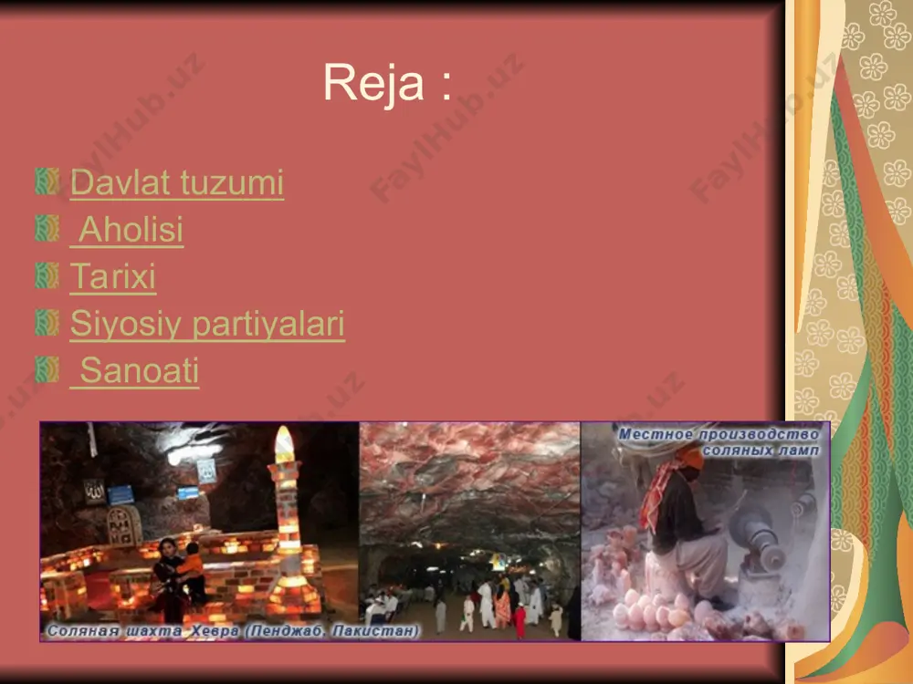 ostirib kirdilar. 711—13 yillarda muhammad ibn qosim qoʻmondonligidagi qoʻshinlar sind va panjobning januniy qismini egalladi. shu tariqa pokiston hududida islom dini tarqala boshladi. 750 y. umaviylar xalifaligi agʻdaril-gach, sind mustaqil davlatga aylandi. 11-a. boshlariga kelib, hind daryosi havzasini gʻaznaviylar, 12-a.da gʻuriylar, 13-a. boshlarida dehli sultonligi egalladi. betoʻxtov urushlar, isyonlar va chet el bosqinlariga qaramay, hind daryosi havzasidagi lohur, moʻlton, peshovar, tatta kabi yirik shaharlar muhim iqtisodiy va madaniy markazga aylanib, bir qator mamlakatlar bilan savdo munosabatlarini rivojlantirishda katta ahamiyatga ega boʻlgan. ularning bu mavqei boburiylar davla-ti davrida ham saqlangan. 1707 y. da shoh avrangzeb vafotidan soʻng hind daryosi havzasi eron, afgʻon va mahalliy zamindorlarning kurash maydoniga aylandi. 18-a. oʻrtalarida hoz. p. xudu-di — afgʻon shohi ahmadshoh durrojy tasarrufiga oʻtdi. 18-a.ning 60-y.larida panjobda bir nechta sultonliklar vu-judga keldi, maharoja ranjit singx (1799—1839 y.larda hukmronlik qilgan) ularni yagona davlatga birlashtirdi. fa-ruk. ahmadxon lagʻariy p. prezidenta etib saylandi. 1997 y. 3 fev.da boʻlib …