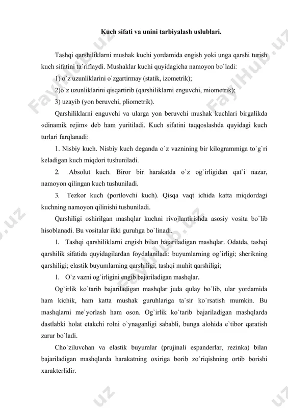 ning qarshiligini engib (yoki gantellar bilan) bukib-yozish mashqlari. 2. turli og`irlikdagi to`ldirma to`plarni irg`itish. asosiy e`tibor qo`l harakatlariga qaratiladi. 3. qo`llarga tayanib yotgan holda ularni bukib-yozish, erdan uzib chapak chalish mashqlari 4. amortizatorli jihozlarni cho`zish bilan boradigan, tuzilishi bo`yicha texnik usullarga o`xshash mashqlarni bajarish. 5. og`irliklar (shtanga lappagi, gantellar, qum to`ldirilgan qopchalar) bilan gavdaning aylanma harakatli mashqlari. 6. shtangani ko`krakka ko`tarib o`tirib-turish mashqlari. 7. shtangani elkaga olib sakrashlar. og`irlik maksimalning 50% hajmida. 8. arg`amchi bilan sakrashlar. 9. joydan va yugurib kelib yuqoriga ilib qo`yilgan predmetga qo`l tekkizish yoki olish. 10 bir va ikki oyoqda uzunlikka sakrashlar. 11. to`siqlar ustidan ko`p sakrashlar. 12. chuqurlikka sakrashlar. chaqqonlik va uni tarbiyalash uslublari. chaqqonlik bir qancha ko`rsatkichlar bilan aniqlanishi sababli yagona ta`rifga ega emas. har qanday harakat biror bir aniq vazifani hal qilishga qaratilgan bo`ladi: mumkin qadar balandroq sakrash; to`pga zarba berish; to`pni uzatish va boshqalar. harakat vazifasining murakkabligi ketma-ket bajariladigan harakatlarning uyg`unligibilan belgilanadi. …