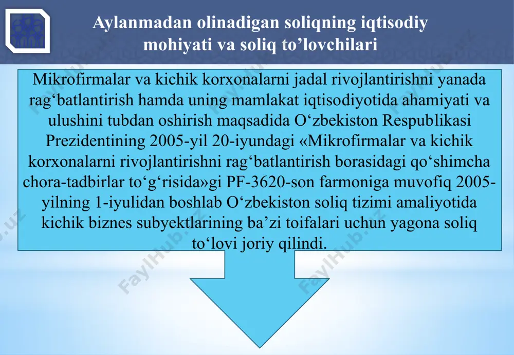 alizatsiya qilishdan olingan daromadni realizatsiya qilish bo’yicha umumiy aylanmadan (bitim summalaridan) kelib chiqqan holda aniqlaydi. 15 aylanmadan olinadigan soliqni qo’llashning o’ziga xos xususiyatlari moliyalashtirishning markazlashtirilgan manbalari hisobidan ob’ektlar qurilishini (bundan joriy va kapital ta’mirlash mustasno) bajaruvchi yuridik shaxslar bunday qurilishga doir shartnoma rasmiylashtirilgan oydan keyingi oyning birinchi sanasidan e’tiboran qo’shilgan qiymat solig’i va foyda solig’ini to’lashga o’tadi. soliqni to’lash soliq to’lovchini quyidagilardan ozod etmaydi: soliq kodeksi bilan uning zimmasiga yuklatilgan soliq agentining majburiyatlarini bajarishdan. agar soliq kodeksida boshqacha qoida belgilanmagan bo’lsa, hisobvaraq-faktura taqdim etish, xaridlarni hisobga olish kitobini va sotishlarni hisobga olish kitobini yuritish majburiyatidan. 16 soliq solish ob’ekti va soliq bazasi soliq kodeksining 463-moddasiga muvofiq jami daromad soliq solish ob’ektidir, bundan o’ziga xos xususiyatlar hisobga olingan holda soliq solish chog’ida inobatga olinmaydigan daromadlar (soliq kodeksi 304-moddasi “soliq solishda hisobga olinmaydigan daromadlar”) mustasno. 17 soliq solish maqsadida tovarlarni (xizmatlarni) realizatsiya qilishdan olingan daromad deganda quyidagilar tushuniladi: qurilish, qurilish-montaj, ta’mirlash-qurilish, ishga …