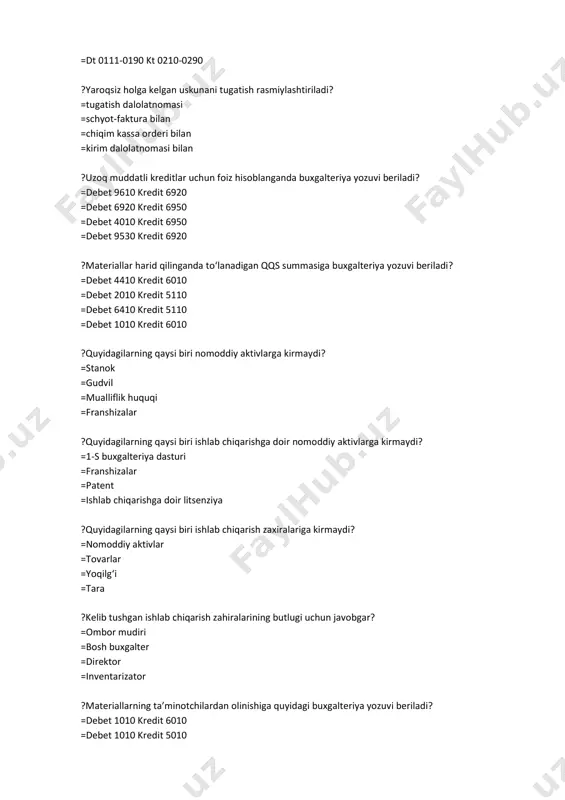 tashkilotlarida =ishlab chiqarish korxonalarida ?ishlab chiqarish harajatlari? =mahsulot tannarxiga kiradi =korxonaning sotishga doir harajatlarini o‘z ichiga oladi =boshqaruv harajatlarini o‘z ichiga oladi =korxona foydasi hisobidan qoplanadi ?quyidagilarning qaysi biri ishlab chiqarish harajatlariga kirmaydi? =ma’muriyat binosining amortizatsiyasi =material harajatlar =stanokni ta’mirlash harajati =ishchilarga hisoblangan ish haqi ?pul mablag‘lari? =milliy valyutada hisobga olinadi =chet el valyutasida hisobga olinadi =har ikkala valyutada balansda aks ettiriladi =xohlagan valyutada hisobga olinadi ?quyidagi yozuvlarning qaysi biri tovarlarni naqd pulga sotishdan olingan daromadni aks ettiradi? =debet 5010 kredit 9020 =debet 5010 kredit 4010 =debet 5110 kredit 5010 =debet 5110 kredit 4010 ?quyidagilarning qaysi biri hisob-kitob schyotidan pul mablag‘larini korxonaning ruxsatisiz undirib olishi mumkin? =davlat organlari =haridorlar =xodimlar =ta’sischilar ?korxona bir etajli binoga 2-etajni qurdi, harajatlarni 6010-schetga olib bordi. bu holatda kapital investitsiya qaysi usulda amalga oshirilgan? =pudrat usulida; =xo‘jalik usulida; =teskari usulda; =to‘g‘ri usul. ?nechanchi son bhms da yem-hashaklar aks etadi? =4-son bhms; =5-son bhms; =2-son bhms; …