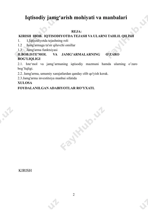 o'rinlardan birini egallaydi. ushbu ishning maqsadi jamg'armalarning umumiy nazariy jihatlarini ko'rib chiqish va ularning bozor iqtisodiyotida qanday rol o'ynashini tushunishdir. vazifaga erishish uchun o'quv va umumiy iqtisodiy adabiyotlarni tahlil qilish amalga oshirildi. shuni ta'kidlash kerakki, ushbu masalalar moliyaviy davriy nashrlarda batafsil yoritilgan. ishlab chiqarish, taqsimlash, qayta taqsimlash va foydalanishni o'z ichiga olgan daromadlar, iste'mol, jamg'armalarning o'zaro bog'liqligi. daromadlarni taqsimlash ishlab chiqarish omillari egalarining daromadlarini shakllantirish bosqichlarida shakllanadi. nominal daromadlarni shaxsiy taqsimlash qayta taqsimlash natijasidir. haqiqiy daromad miqdori inflyatsiya jarayonining parametrlariga bog'liq. daromadlarni qayta taqsimlashning asosiy solig'i bu jarayonni davlat tomonidan tartibga solishdir. ishlab chiqarish omillariga talab va taklifning raqobatbardosh mexanizmi asosida daromadlarni bozor taqsimoti har bir omilning mukofoti uning marjinal mahsulotiga muvofiq sodir bo'lishiga olib keladi. hozirgi vaqtda daromadlarni farqlash keskin oshdi va davlatning qayta taqsimlash imkoniyatlari zaiflashdi. shuningdek, samarali moliyaviy infratuzilmani rivojlantirish bo'yicha jahon moliya institutlarining tavsiyalarini hisobga olish va baholash iqtisodiyotimiz uchun juda zarur bo'lishi mumkin. masalan, ba'zi …