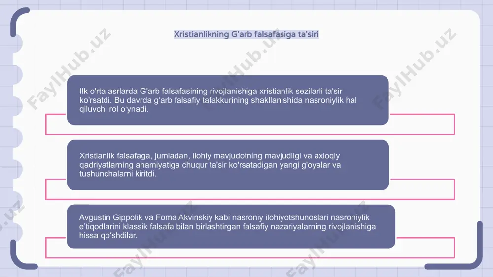 gan matnlar asrlar davomida g'arb falsafasiga ta'sir qilib, shakllantiraveradi. nominalizm va realizm tushunchasi ilk o'rta asrlarda g'arb falsafasi sezilarli rivojlanishlarni boshdan kechirdi. bu davrda paydo boʻlgan asosiy tushunchalardan biri nominalizm va realizm oʻrtasidagi bahs edi. nominalizm tushunchalar va sifatlar kabi universallar faqat ism yoki soʻz sifatida mavjud, deb taʼkidlagan boʻlsa, realizm universallar alohida obʼyektlardan tashqarida ham real mavjudlik borligini taʼkidlagan. xudoning tabiati haqida munozara ilk o'rta asrlarda g'arb falsafasi xudoning tabiati haqidagi bahslarga e'tibor qaratdi. olimlar va ilohiyotchilar xudo ilohiy yoki inson ekanligi haqida qizg'in munozaralar olib borishdi. bu munozara o'sha davrda g'arb falsafasi rivojlanishining hal qiluvchi jihati edi. u xudoning tabiatini tushunish va talqin qilishni, odamlar va ilohiy o'rtasidagi munosabatlarni shakllantirishda muhim rol o'ynadi. ilk o'rta asrlarda xudoning tabiati bilan bog'liq munozaralar keyingi asrlarda falsafiy izlanishlar va teologik rivojlanish uchun asos yaratdi. sxolastikaning kuchayishi ilk oʻrta asrlarda gʻarb falsafasining rivojlanishi diniy haqiqatlarni oʻrganishda aqldan foydalanishga urgʻu beradigan falsafiy va …