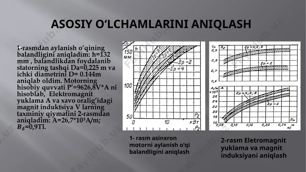 hoʻlgʻam oʻraladigan qismining balandligini asosiy oʻlchamlardan foydalanib aniqlab oldim. motorni ish rejimlari hamda quvvat isroflarini hisob kitob qildim . motor ishga tushgandan soʻng motorda sodir boʻladigan ish xarakteristikalarini va ishga tushish xarakteristikasini hisoblangan qiymatlar asosida loyihalaniyotgan motorni grafiklari tuzib chiqdim. motorni tashqi muhitga bogʻlikligini hisobga olib issiqlik hisobini aniqlab kurs loyihasini yakunladim. foydalanilgan adabiyotlar salimov. j. s , pirmatov . n. b “elektr mashinalar” t oʻzbekiston 2011 408 b. salimov. j. s , pirmatov. n. b “ elektr mashinalar” kasb-hunar kollejlari uchun oʻquv qoʻllanma t oʻqtuvchi nmti, 2005 ,240 b antonov m.v., gerasimova l.s. texnologiya proizvodstva elektricheskix mashin. – m.:energoizdat, 1982.–512 s. asinxronnie dvigateli serii 4a. spravochnik/a 90 a.e. kravchik, m.m. shlaf, v.i. afonin, ye.a. sobolenskaya.–m.:energoizdat, 1982.–504 s., il. lixachev v.l. elektrodvigateli asinxronnie.–m.: solon–r,2002.–304 s google.com , ziyouz.com , kursovoyrf.ru , energo1.com image2.png image3.png image3.jpeg image4.jpeg image5.png image6.jpeg image7.png image8.png image9.png image100.png image10.png image11.png image12.png image13.png image14.png /docprops/thumbnail.jpeg