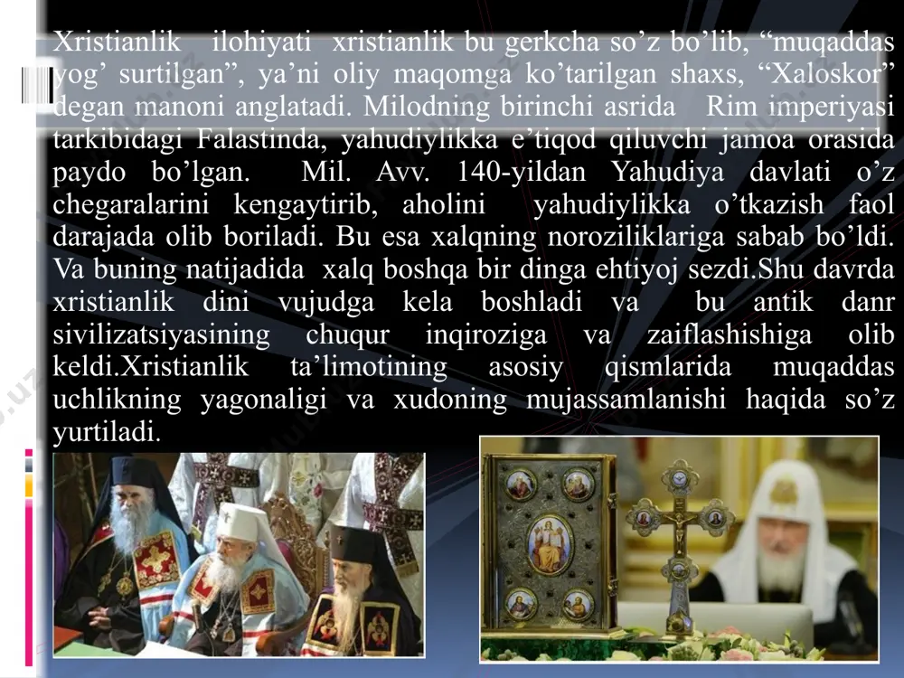 h darkor. muntazam ravishda yolgʻondan, oʻgʻrilikdan, boshqaga zarar yetkazishdan, zinodan oʻzini tiyish hamda meditatsiya (ongni oliy haqiqatga yetishishga qaratish), "bodxi", yaʼni "xotirjamlik"ka va oxiroqibatda nirvanaga (azobuqubatning tugashiga) olib keladi. nirvanaga yetishish uchun talab qilinadigan axloqiy barkamollik bir emas, bir necha hayotni taqozo etishi mumkin. buddizm zaminida 3 narsa — budda, dharma va sangxaga eʼtiqod yotadi. budda (siddhartha gautama) oliy haqiqatga yetishishning yorqin timsoli. dharma — gautama qoldirgan taʼlimot. bu taʼlimotning eng qisqa bayoni "toʻrt oliy haqiqat"dan iborat: 1. azobuqubat mavjud; 2) azobuqubatning sababi (istak) mavjud; 3) azobuqubatning tugashi (nirvana) mavjud; 4) azobuqubatning tugashiga olib keluvchi sakkiz bosqichli yoʻl mavjud. sangxa — budda asos solgan va hozirgacha faoliyat koʻrsatib kelayotgan rohiblar jamoasi. tor maʼnoda bu — oʻtgan ayerlarda "oliy haqiqat"ga yetishgan koʻplab avliyolardir. sangxa jamoasiga kabul etilgan shaxs quyidagi 10 farzni ado etishga qasamyod qiladi: 1) hech kim yoki hech narsani hayotdan judo qilmaslik; 2) yolgʻon soʻzlamaslik 3) oʻgʻrilik qilmaslik; 4) …