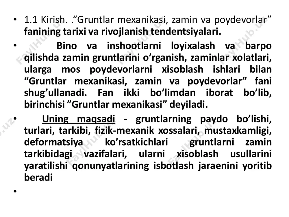 binolarda egilish, burilish, oish, yorilish va cho’kishlar sodir bo’lib, binoda og’ir talofatlar yuzaga keltib, ularni buzilishga sabab bo’ladi. • o’ymakor meomor andrey palladski quyidagi gaplari o’rinlidir. qurilishda yo’l qo’yilgan xatolarni eng ayanchlisi poydevordagisidir, u binoni buzilishiga olib keladi yoki uni juda katta mexnatlar tufayli qayta tiklanishi mumkin. • abu abdullo rudakiy aytganidek “maxkam sol doimo bino asosin, binoni soqchisi - uning asosi”. • zamin va poydevorlar - bino va inshootlarni eng asosiy xar qanday bino va inshoot mumstaxkam va turun xolatini xamma vaqt o’zgartirmay saqlashi, deformatsiyalanishi bo’yicha unga qo’yiladigan talablarga javob berishini taminlashda, gruntlarni mustaxkamlik ko’rsatkichlarini aniqlash asosiy mezondir. • grunt deb - yer sharini tashkil etib turgan yaxlit va bo’sh tog’ jinslari yotqiziqlariga aytiladi. • bo’sh gruntlar - tog’ jinslarini fizik va ximik ta’sirlar natijasida yemirilib parchalanishidan xosil bo’ladi. ular kontinental va dengiz (suv xavzalari) yotqiziqlaridan iborat bo’ladi. • gruntni tuproqdan farqlay bilish lozim, chunki tuproq - o’simlik o’sadigan …