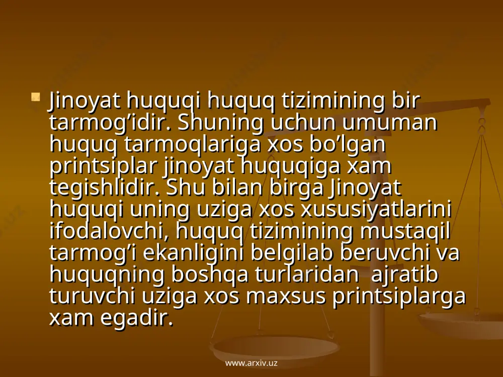 sabati bilan vujudga keladigan ijtimoiy munosabatlar, ya’ni ijtimoiy munosabatga jiddiy xavf tugdiruvchi huquq buzishdir. bunday ijtimoiy munosabatlarning sub’ektlari, bir tomondan, jinoyat sodir qilgan shaxs bulsa, ikkinchi tomondan, odil sudlovni amalga oshiruvchi organlar orqali davlatdir. www.arxiv.uz www.arxiv.uz jinoyat huquqining uslubi shaxsga, davlat va jamiyat uchun xavfli bo’lgan qilmishning jinoiyligini va jazoga sazovorligini aniqlash, jinoyat qonuni bilan ta’qiqlangan qilmishni sodir qilgan shaxslarni javobgarlikka tortish va jinoiy jazo kullashda ifodalanadi. jinoiy jazo kullash faqat qonun doirasidagina amalga oshiriladi. o’zbekiston respublikasi konstitutsiyasining 26-moddasida: «jinoyat sodir etganlikda ayblanayotgan xar bir shaxsning ishi sudda qonuniy tartibda, oshkora kurib chikilib, uning aybi aniqlanmaguncha u aybdor xisoblanmaydi. sudda ayblanayotgan shaxsga uzini ximoya qilish uchun barcha sharoitlar ta’minlab beriladi», — deyiladi. www.arxiv.uz www.arxiv.uz jinoyatchi jinoyat sodir qilgan shaxs davlat odil sudlovni amalga oshiruvchi organlar orqali www.arxiv.uz www.arxiv.uz www.arxiv.uz www.arxiv.uz maxsus qismning normalariii amalda tadbik etishda umumiy qism normalarining qoidalari tadbik etiladi. demak, umumiy qismning normalari faqat maxsus qismning normalari …