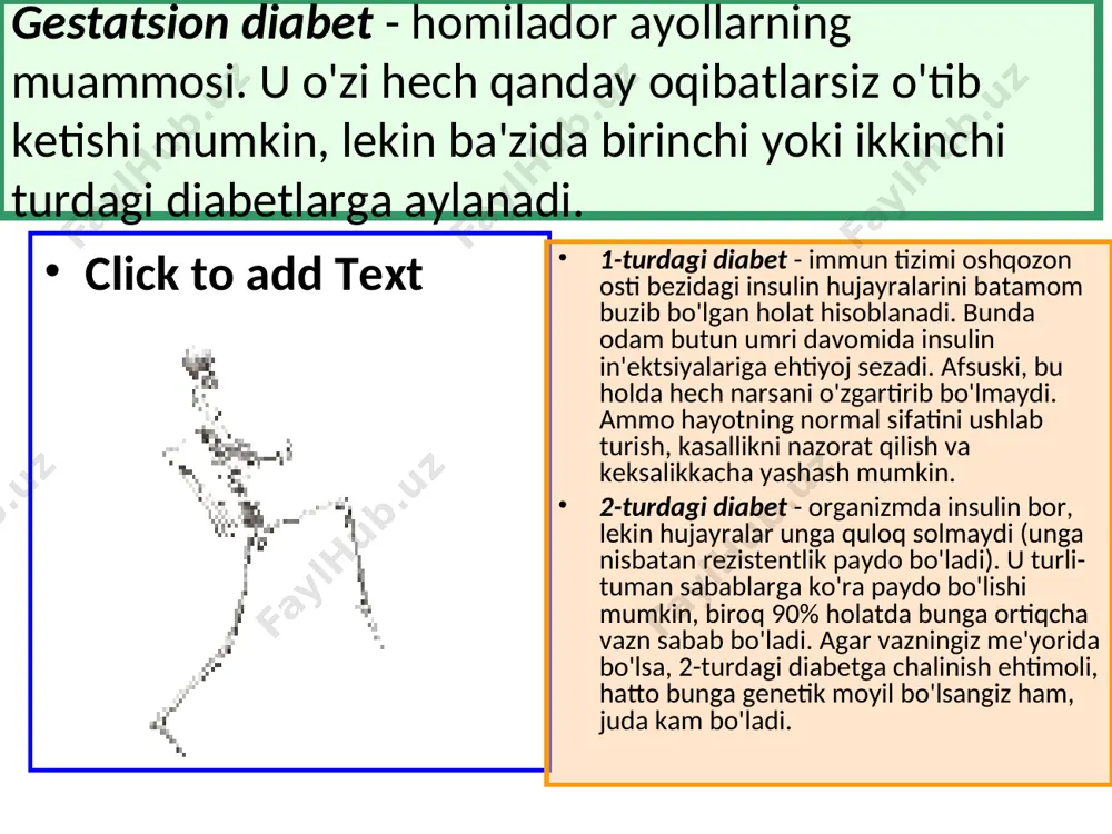buyraklarni nobud qiladi: oldiniga peshobda oqsil paydo bo'ladi, keyin 2-8 yil ichida buyrak yetishmovchiligi rivojlanadi. ilk bor aniqlangan buyrak kasalliklarining 44% diabet bilan bog'liq. * barcha diabetiklarning 60-70 foizi neyropatiyadan - qo'llar va oyoqlardagi og'riqlar va ta'sirchanlikning buzilishidan aziyat chekadilar. neyropatiya, o'z navbatida, qon aylanishidagi buzilishlarga, tuzalmaydigan yaralarga olib keladi. * nihoyat, bu kasallik har qanday infektsion xastalikni yuqtirib olish xavfini oshiradi. davolanmayotgan diabetikning yaralari yaxshi tuzalmaydi, har qanday jarrohliq operatsiyasidan keyin infektsion asoratlarni orttirish xavfi katta bo'ladi, hatto appendiks olib tashlanganidan keyin ham. 2 ga ko'paytiramiz. xuddi shu muammolar to'plami semirishda ham uchraydi. semirishsiz 2-turdagi diabet faqat 10% kishilardagina uchrashini hisobga oladigan bo'lsak, yuqoriga sanab o'tilganlarga quyidagilar ham qo'shiladi: osteoartrit, nafas olish yetishmovchiligi, bachadon, ko'krak, buyrak, o't pufagi, prostata va ichak saratoni xavfining oshishi. endi yoqimli xabar: 2-turdagi diabet oldi olinishi mumkin bo'lgan eng xavfli kasalliklar ro'yxatida uchinchi o'rinda turadi! agar diabet oldi holatida bo'lgan kishi bor-yo'g'i 10-15% ga …