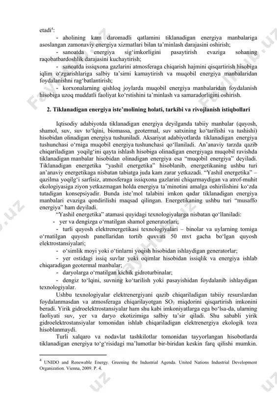 oradi. 2030 yilga qadar jahonda elektrenergiya ishlab chiqarishning 36%i shamol va quyosh elektr stansiyalari yordamida amalga oshiriladi. “yashil iqtisodiyot”ni rivojlantirishga qaratilgan dasturlar samarasi tufayli jahon iqtisodiyotining energiya sig‘imkorligi 2050 yilga qadar 50%ga qisqarishi, yaqin 20 yilda tabiiy resurslarni iste’mol qilish hajmining kamayishi hisobiga 0,9-1,6 trln. dollar mablag‘ tejalishi mumkin[footnoteref:3]. [3: mckinsey global institute. beyond the supercycle: how technology is reshaping resources. february 2017. 19-34.] dunyo energiya iste’molining ortib borishi, insoniyatning tabiatga salbiy ta’siri natijasida vujudga kelayotgan ekologik muammolarning keskinlashuvi jahon energetika balansida tiklanadigan energiya manbalari ulushining jadal sur’atlarda oshishini ta’minlaydi. jahonda tiklanadigan energiya manbalariga ko‘proq e’tibor qaratishga quyidagi omillar ta’sir ko‘rsatadi: · tiklanadigan energiya manbalarini o‘zlashtirishda ilg‘or texnologiyalarni qo‘llash hisobiga narx raqobatining o‘sishi; · ushbu sohaning rivojlanishi uchun ijobiy ta’sir etuvchi siyosiy tashabbuslarning ommalashuvi; · sohani moliyalashtirish uchun qulay investitsiya muhitining yaratilishi; energetik va ekologik muammolarni hal qilish masalasi; · rivojlanayotgan mamlakatlar iqtisodiyotida energiyaga bo‘lgan talabning ortib borishi; · barchaga …