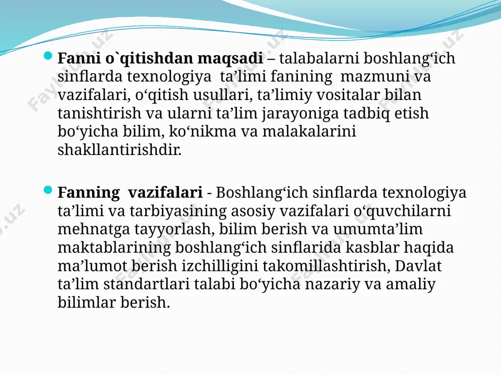 ya qilish lozimligiga ishonch hosil qilinmasa, bolalarni mehnatga muhabbat ruhida tarbiyalashda muvaffaqiyatga erishish haqida gapirish qiyin. mehnat malakalari madaniyati u yoki bu mehnat jarayonida belgilangan tartibga va harakat izchilligiga rioya qilish kerakligini muntazam tushuntirib borish bilan birga bo’ladigan ko’p mashq qilishlar natijasida tarkib topadi. o’quvchilar o’rtasida yo’lga qo’yilgan o’zaro yordam esa, ularda do’stlik, birodarlik, umumlashish, jamoatchilik kabi fazilatlarni tarbiyalaydi. e’tiboringiz uchun rahmat! /docprops/thumbnail.jpeg