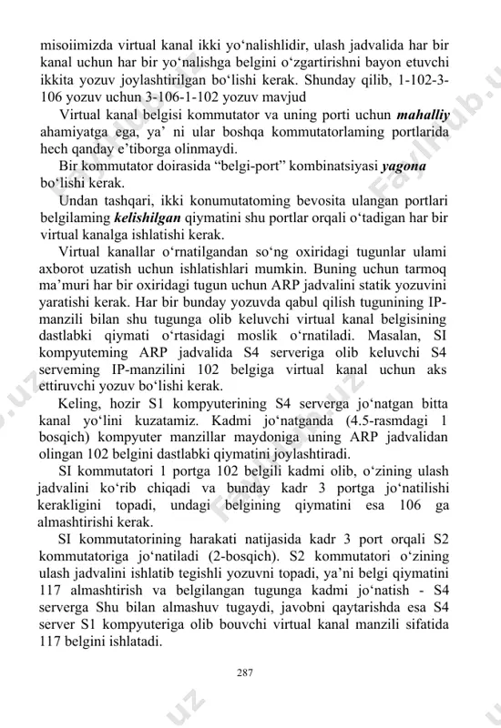 17 almashtirish va belgilangan tugunga kadmi jo‘natish - s4 serverga shu bilan almashuv tugaydi, javobni qaytarishda esa s4 server s1 kompyuteriga olib bouvchi virtual kanal manzili sifatida 117 belgini ishlatadi. 287 bayon qilinishdan ko‘rinadiki, ulash (kommutatsiyalash) juda tejamli, chunki uzatilayotgan kadmi o‘zgartirish minimal darajada - faqat belgi qiymatini o‘zgartirishdan iborat. kadrlarda faqat qabul qiluvchining manzili ko‘rsatiladi, frame relay tarmoqlarida uning vazifasini belgi bajaradi. jo‘natuvchining manzili sifatida belgining oxirgi qiymati ishlatilishi mumkin - u virtual kanal bo‘yicha aynan teskari yo‘nalishdagi qabul qiluvchi bilan jo‘natuvchini ulovchi yo‘lni bildiradi. 0 ‘tkazish imkoniyatining kafolatlari. frame relay tarmoqlari aloqa operatorlari kompyuter trafigini uzatishda tijorat xizmatini ko‘rsatish uchun yaratilgan edi. mijozlar uchun yangiliklardan biri va juda jalb etuvchi frame relay ning xizmatlarining xususiyati bo‘lgan virtual ulanishlaming o‘tkazish imkoniyatining kafolatlari bo‘ldi. frame relay texnologiyasida har bir virtual ulanishlarga axborotlami uzatish bilan bog‘liq bo‘lgan bir necha ko‘rsatgichlar belgilangan. axborot uzatishning kelishilgan tezligi (committed information rare, cir - soglasovannaya …