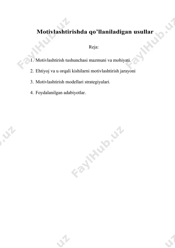 qandaydir (bilib yoki bilmay orzu qilinayotgan) ehtiyojga bo’lgan etishmovchilikdan yoki qoniqishning etarli, yoxud umuman yo’qligidan boshlanadi. so’ngra shu qoniqishga erishish uchun maqsad sari harakat qilinadi. ehtiyojning qondirilishi darajasi kishini kelajak sari intilishini belgilab beradi. agar u muayyan narsadan qoniqish hosil qilsa, u holda keyingi motiv uni boshqa yuqoriroq ehtiyojga rag’batlantiradi. jahon amaliyotida motivatsiya vositasida unumli mehnatga chorlashning turli nazariyalari mavjud. · bular jumlasiga: · "x" (iks) va "y" (igrek) nazariyasi; · kutish nazariyasi; · boisiy (gigienik) tozalanish nazariyasi; · adolatlilik (haqqoniylik) nazariyasi; · ehtiyojlar ustunligi nazariyasi. kutish nazariyasi amerikalik ruhshunos v.vrum tomonidan 1964 yilda ishlab chiqilgan. uning mohiyati shundaki, motivatsiya nafaqat ehtiyojni qondirishga, shuningdek maqsadga erishish uchun tanlangan xohishga ham bog‘liq. kutish nazariyasida 3ta muhim omilning o‘zaro munosabati asosiy o‘rinni tutadi: (mehnat xarajatlari (mx) bilan natija (n) o‘rtasidagi farqni kutish (mx-n); (natija (n) bilan rag‘batlantirish (r) o‘rtasidagi farqni kutish (n-r); (rag‘batlantirish qiymati (k), ya’ni qoniqishning yoki qoniqmaslikning nisbiy ko‘rsatkichi. har …