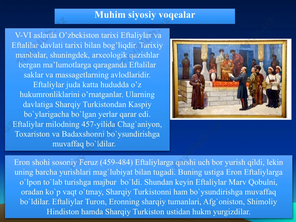 ili rus olimi d.a.klemens va uning xotini yelizaveta klemenslar tarafidan ochilgan. ongin bitigi mo`g`ilistonning koshu saydan vodiysidan topilgan va kimga atalganligi aniqmas. ba’zi fikrlarga qaraganda yuqorida tilga olingan eltarish xoqon va uning xotini elbiyga xotin sharafiga qo`yilgan (735-y.), boshqa fikrga qaraganda qopag`on xoqonga (691-716-yy.) yana bir ma’lumotga qaraganda bilga xoqonning xarbiy boshliqlaridan alp eletmish (731-yilda o`lgan) sharafiga qo`yilgan. obida 1892- yili v.v.radlov tarafidan va 1957- yili j. kloson tomonidan nashr qilingan . xitoy manbalarida bo`lib o`tgan voqealarning vaqti o`rni bir-biriga qarshi turgan qo`shinlarning umumiy soni aniq ko`rsatiladi . qadimiy o`zbekistonning uzoq o`tmishdagi ijtimoiy- siyosiy tarixini o`rganishda quyidagi xitoy manbalari muhim ro`l o`ynaydi .”shi sizi ” (“tarixiy esdaliklar ”) xitoy tarixshunoslarining otasi hisoblanadigan sima syanning 130 bobdan iborat asaridir. uning “shi szi” nomli asarida xitoyning qadim zamonlardan to miloddan avvalgi i asr boshlariga qadar o`tgan tarixi bayon etilgan. asarda o`zbekiston, uning 123-bobida xususan farg`ona va uning qadimiy xalqi hayoti haqidagi qimmatli …