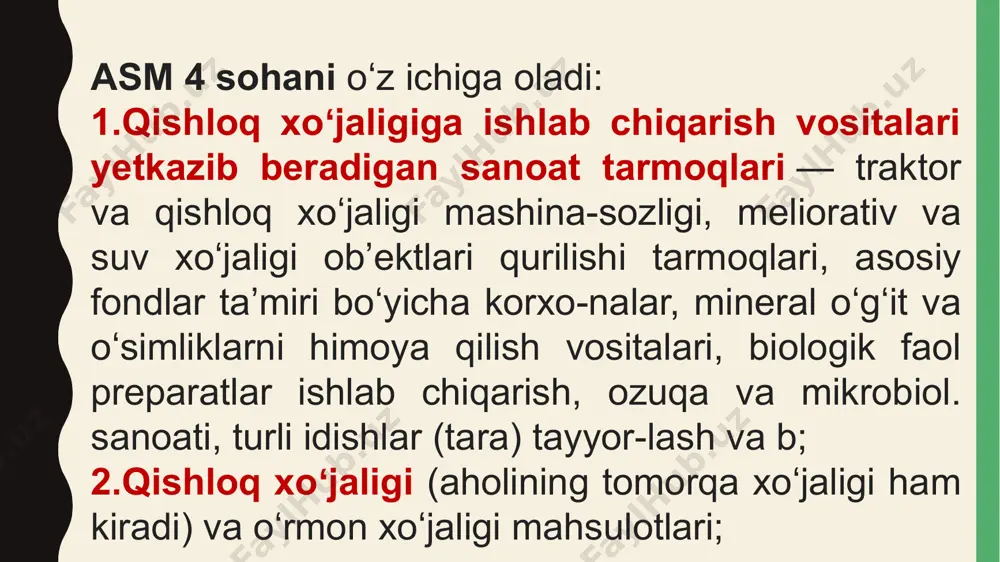 a tashkiliy, texnologik, texnikaviy, iqtisodiy va ijtimoiy jihatdan o`zaro uzviy bog`lanishini ta'minlash; • majmua tarkibidagi korxonalarni barcha omillarni e'tiborga olgan xolda maqsadga muvofiq oqilona joylashtirish hamda ularning ixtisoslashtirilishi va integratsiyalashuvini ta'minlash; • samarali faoliyat ko`rsatishini ta'minlash maqsadida barcha korxonalarni zamonaviy texnikalar bilan jihozlash, ularda ilg`or, innovatsion texnologiyalarni joriy etish; agrosanoat majmuasi agrosanoat majmuasi tarmoqlariga ishlab chiqarish vositalarini ishlab chiqaruvchi tarmoqlar qishloq xo`jalik tarmoqlari qishloq xo`jalik mahsulotlarini qayta ishlovchi saqlovchi va sotuvchi tarmoqlar qishloq xo`jalik tarmoqlariga xizmat ko`rsatuvchi tarmoqlar qishloq xo`jalik mashinasozligi yuk avtomobilsozligi sanoati nеft mahsulotlari sanoati mikrobiologiya sanoati qurilish matеriallari sanoati ozuqa-yеm sanoati stanoksozlik sanoati va boshqalar o`simlikchilik tarmoqlari chorvachilik tarmoqlari bog`dorchilik tarmoqlari paxta sanoati don mahsulotlari sanoati 16. kanop sanoati 17. tamaki sanoati 18. go`sht, sut sanoati 19. mеva,sabzavot sanoati 20. oziq-ovqat sanoati va boshqalar 21. tеxnika ta'minoti va ta'mirlash sеrvis xizmati 22. irrigatsiya va mеlioratsiya xizmatlari 23. kimyoviy xizmatlar 24. zoovеtеrinariya xizmatlari 25. biologik xizmatlar 26. qurilish, …